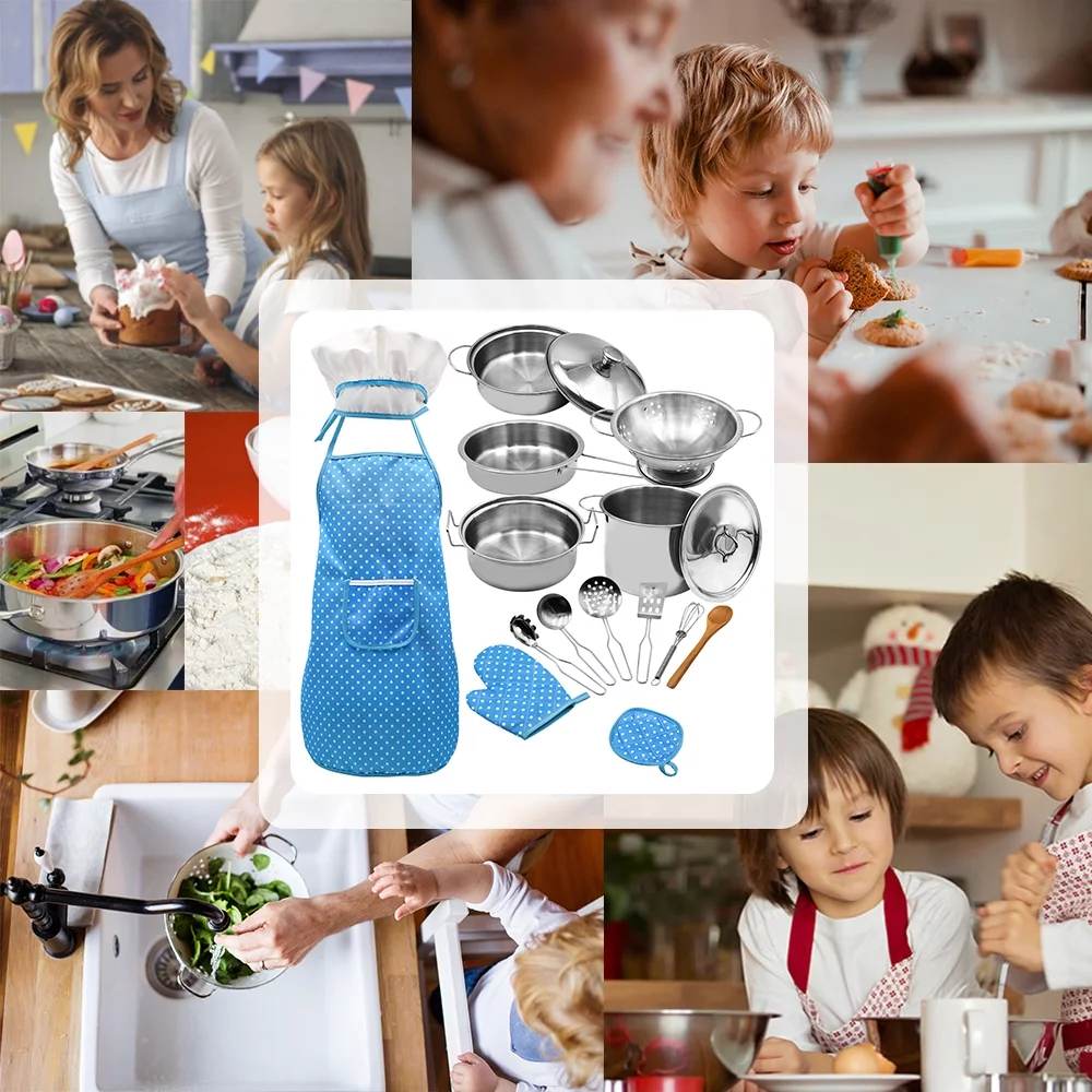moobody Kids Cooking and Baking Set Blue 18 PCS with Hat Apron Oven Mitt Pan Soup Pot Spoon Shovel Kitchen Utensils