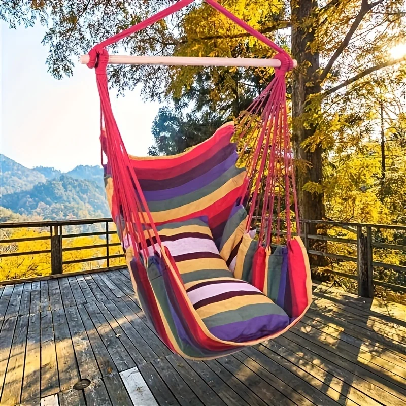 Hammock Chair Swing Hanging Hammock Chair - 2 Cushions Include - MAX 330lbs - Hammock Swing Seat Cotton for Patio, Porch, Bedroom, Backyard, Indoor or Outdoor (Rainbow)