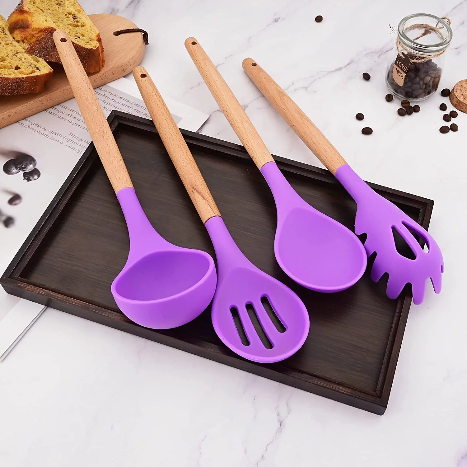 1pc Purple Silicone Pasta Server, Non-stick Pasta Fork Kitchen Utensils With Wooden Handle, Heat Resistant for Pasta Noodle Spaghetti Strainer
