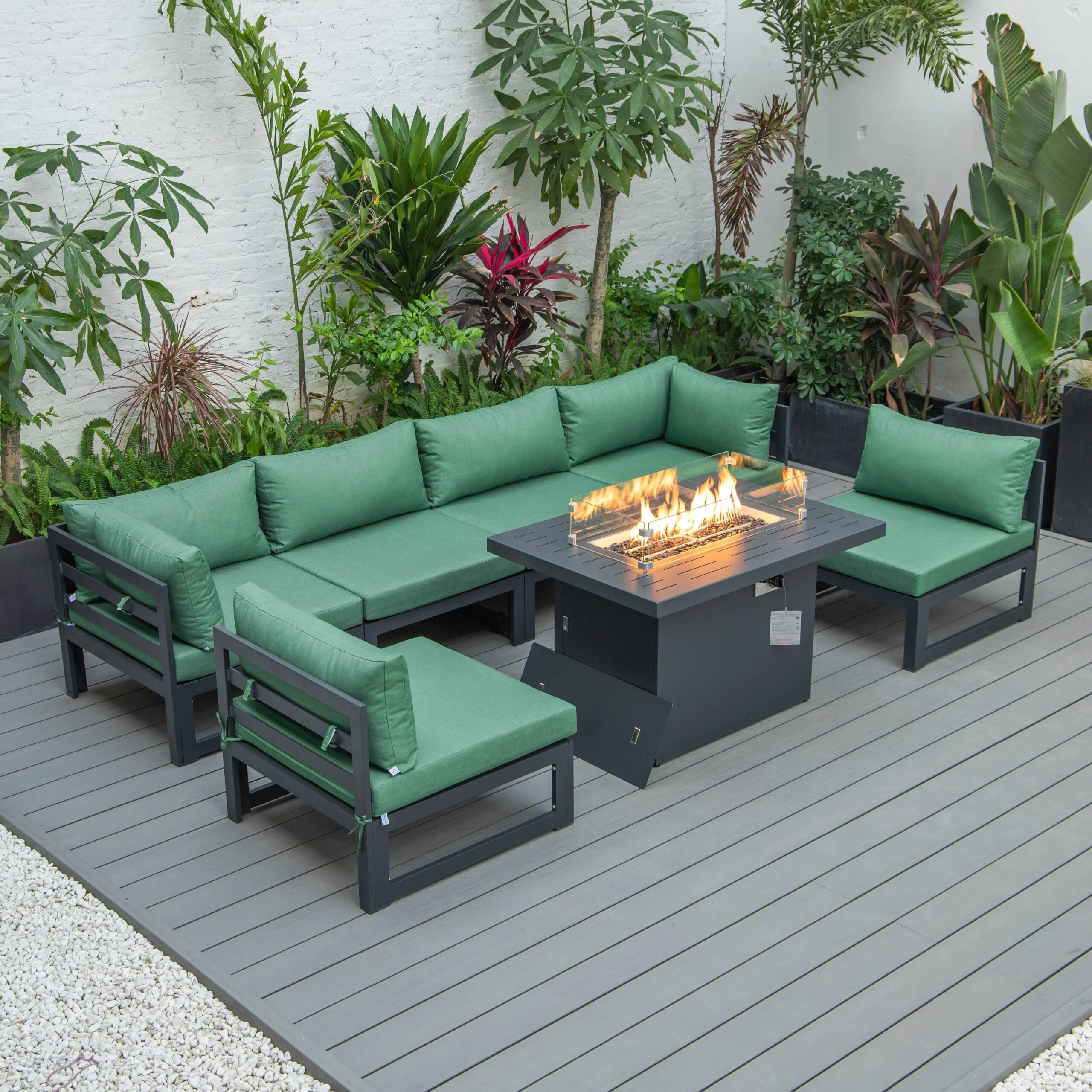LeisureMod Chelsea Aluminum 7-Piece Outdoor Patio Coversation Set With Fire Pit in Green