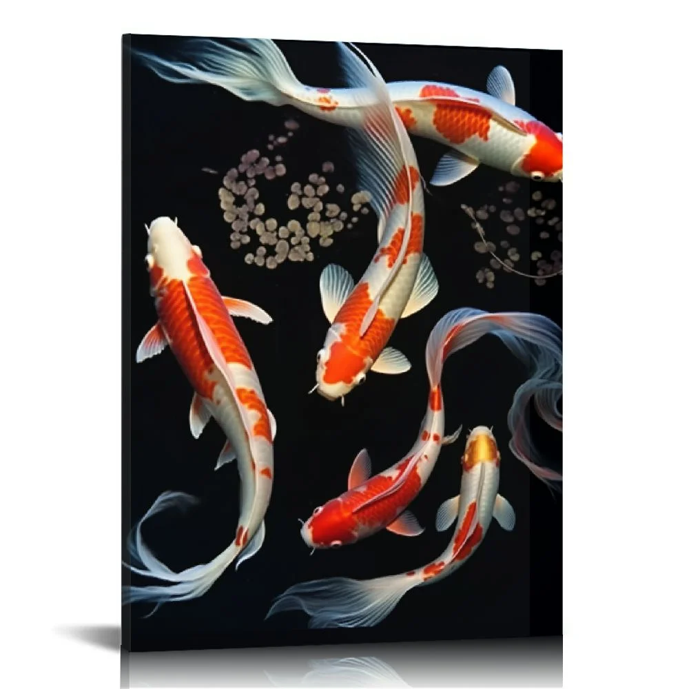 Lingy  Koi Fish Photography Prints Glossy Monochromatic Black Orange White Animal Minimalist Wall Art Decor - Japan Carp Water Pond Wildlife Animal Aquatic 12x16 in