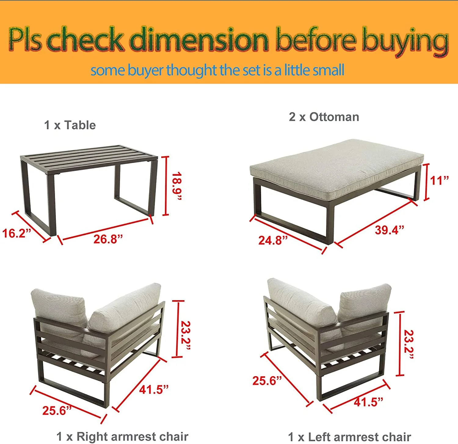 Patio Furniture Conversation Metal Sofa Sunroom Indoor Chaise Lounge Cushioned Chairs with Ottoman Table, 5 Piece Set, Grey
