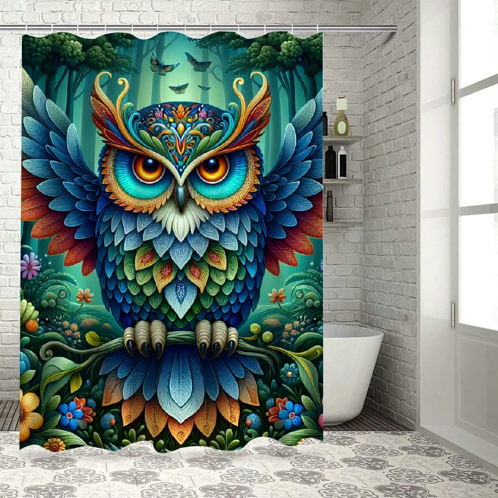 Dvbnli Watercolor Cartoon Shower Curtain, Forest Flower Butterfly Background Handsome Owl Bird Theme Shower Curtain, Boys And Girls Bathroom Personality Shower Curtain Hooks