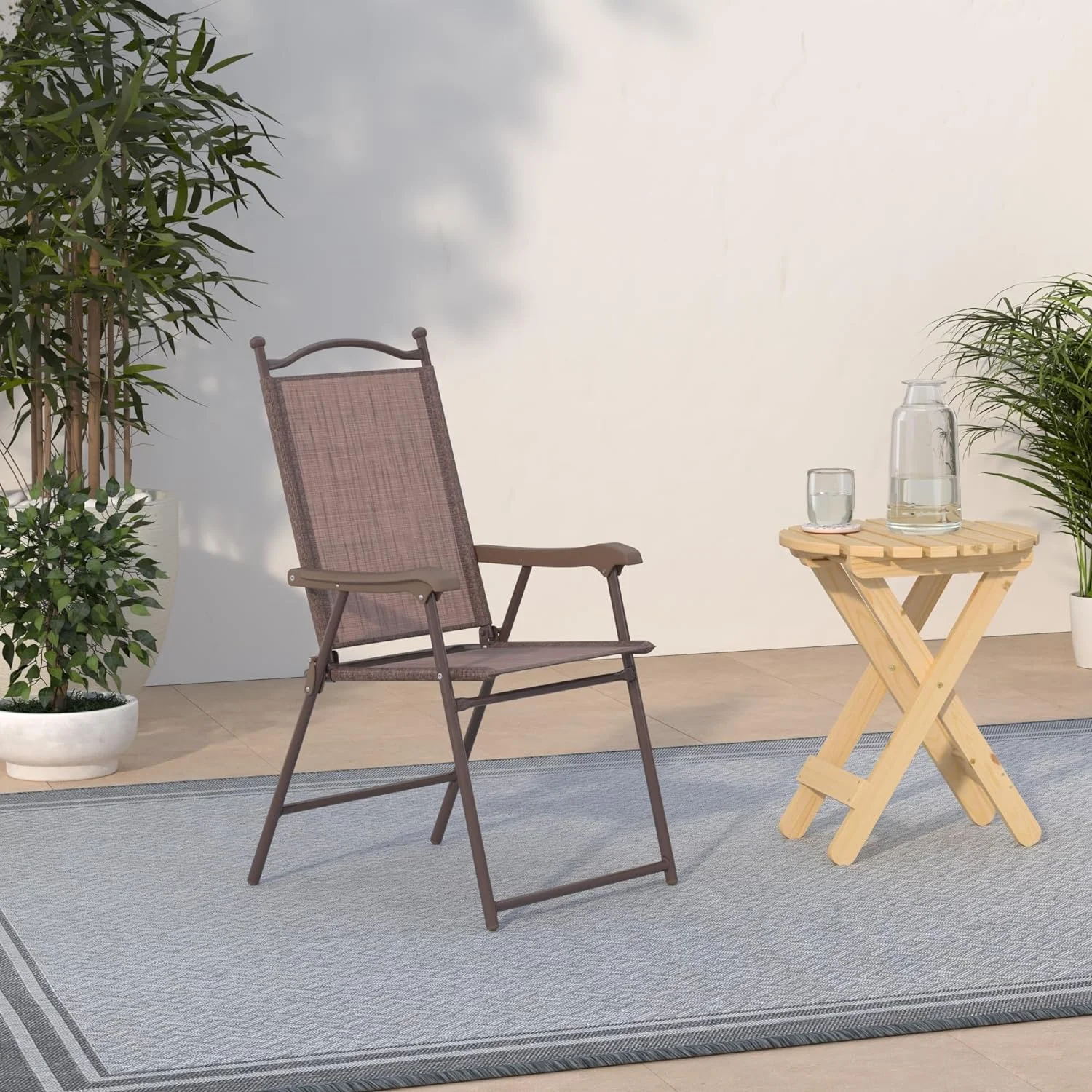 Giantex Set of 2 Patio Folding Chairs, Sling Chairs, Indoor Outdoor Lawn Chairs, Camping Garden Pool Beach Yard Lounge Chairs w/Armrest, Patio Dining Chairs, Metal Frame No Assembly, Brown