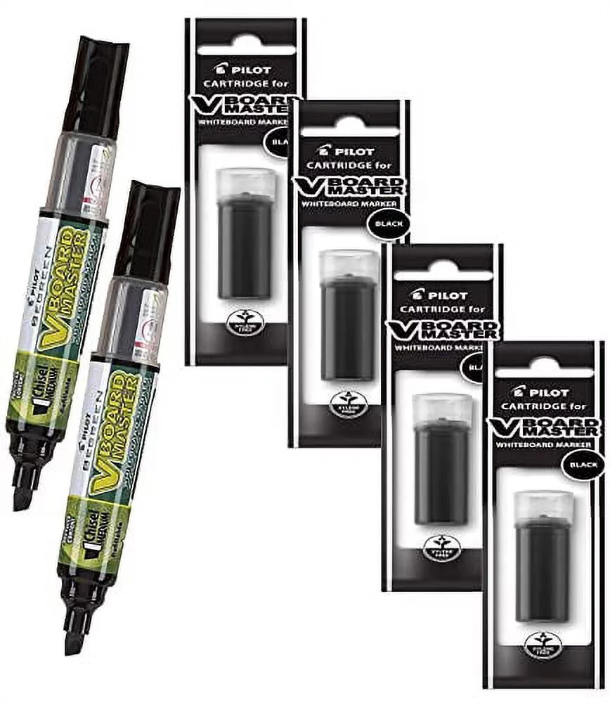 V Board Master Refillable Dry Erase Markers, Pilot, 2 Black Ink Bullet Tip Low Odor Markers with 4 Refills,