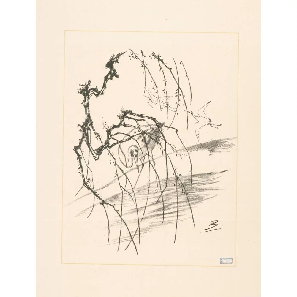 Félix Bracquemond 12x14 Black Modern Framed Museum Art Print Titled - Cranes Behind a Tree Branch. (1866 - 1878)