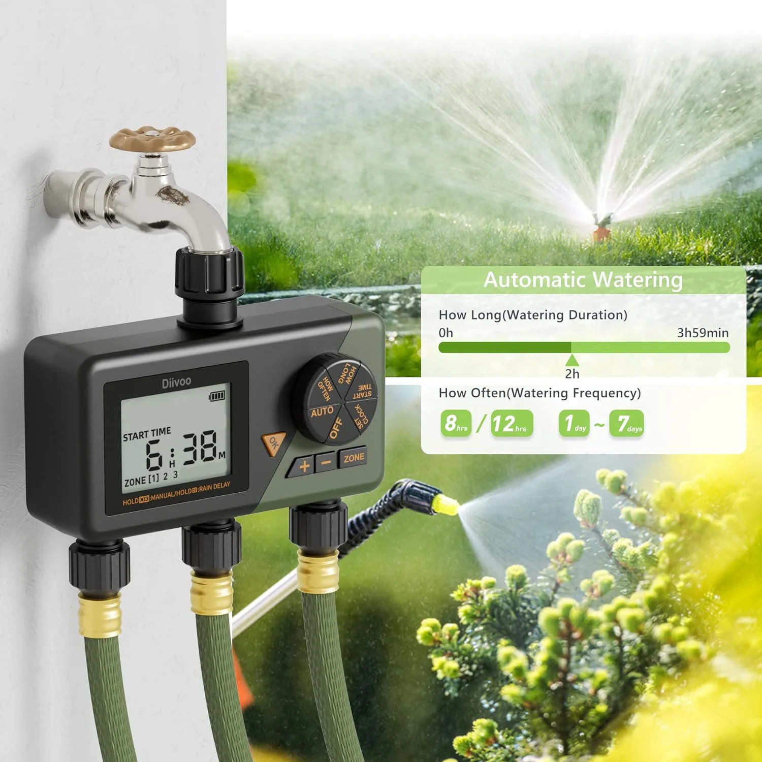 TLKJ Sprinkler Timer 2 Zone  Programmable Water Hose Timer 2 Outlet for Garden  Automatic Irrigation Timer IP54 with Rain Delay/Manual/Auto Mode  Outdoor Hose Timer Controller for Lawn  Y