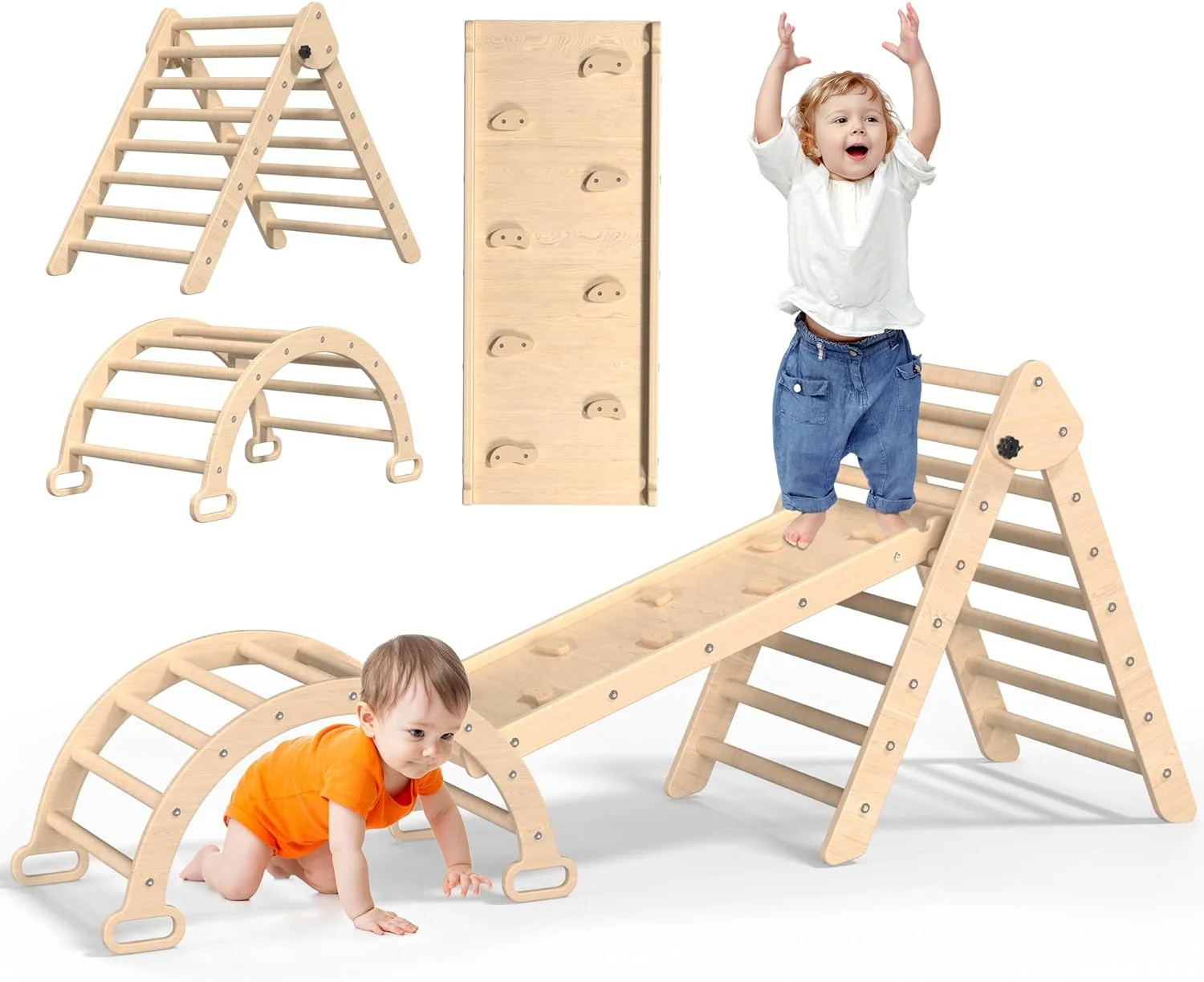 YOUB 7 in 1 Pikler Triangle Set, Foldable Climbing Toys for Toddlers, Toddler Indoor Playground for 1-6 Years, with Ramp Sliding or Climbing, Rocker, Wooden Climbing Set (5 in-1-Primary Colors)