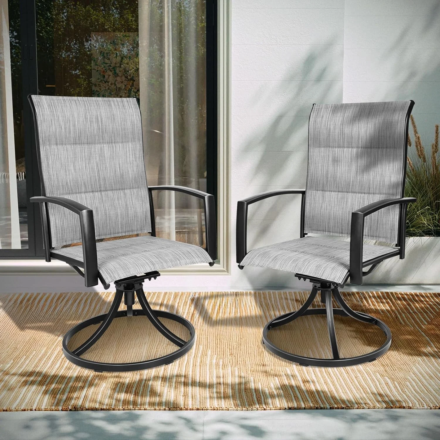 SUNCROWN Outdoor Dining Swivel Chairs Set of 2, Metal Frame High Back Patio Chair Rocker with All Weather Padded Textilene for Garden, Bistro, Backyard, Balcony, Grey
