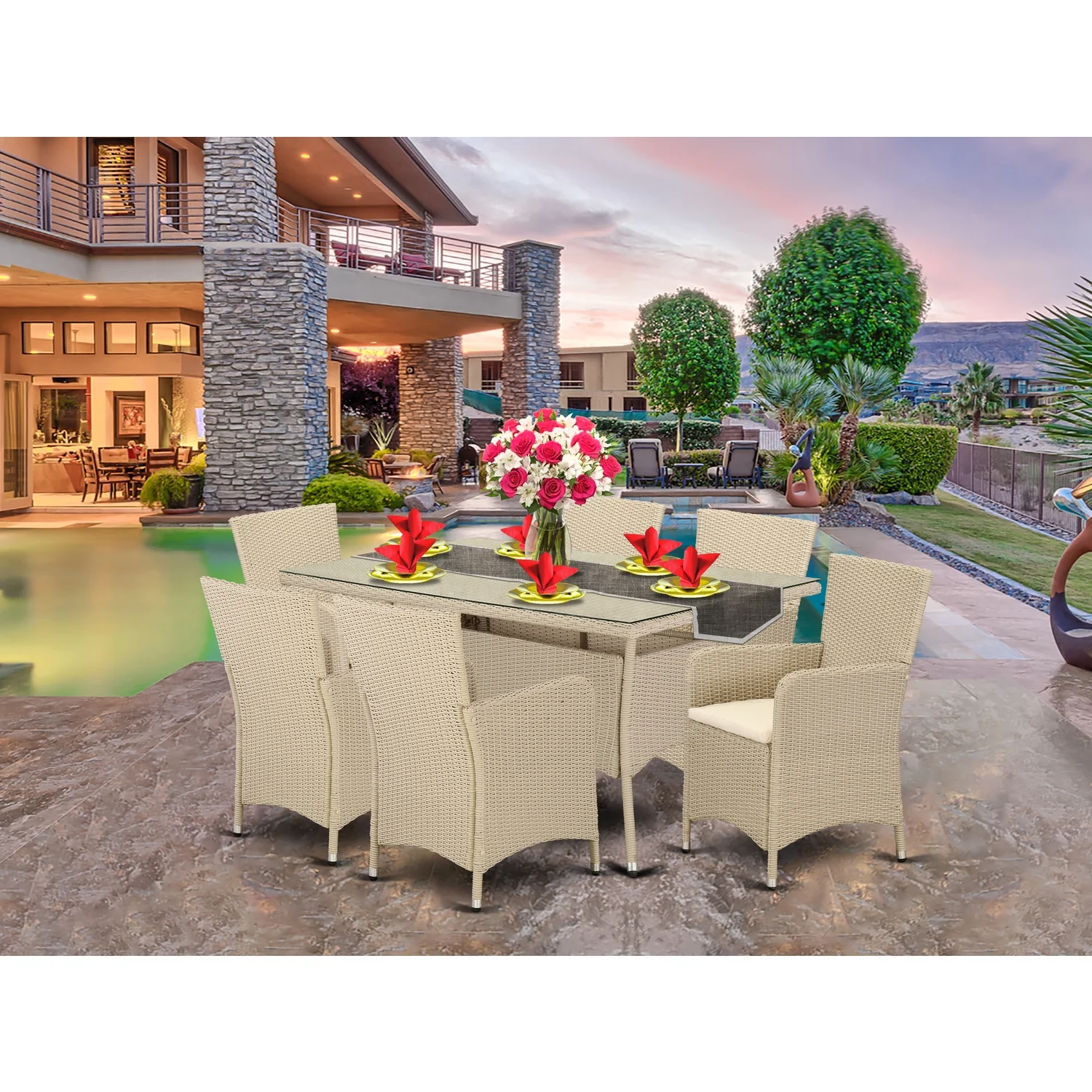 East West Furniture Valencia 7-piece Modern Metal Patio Dining Set in Cream