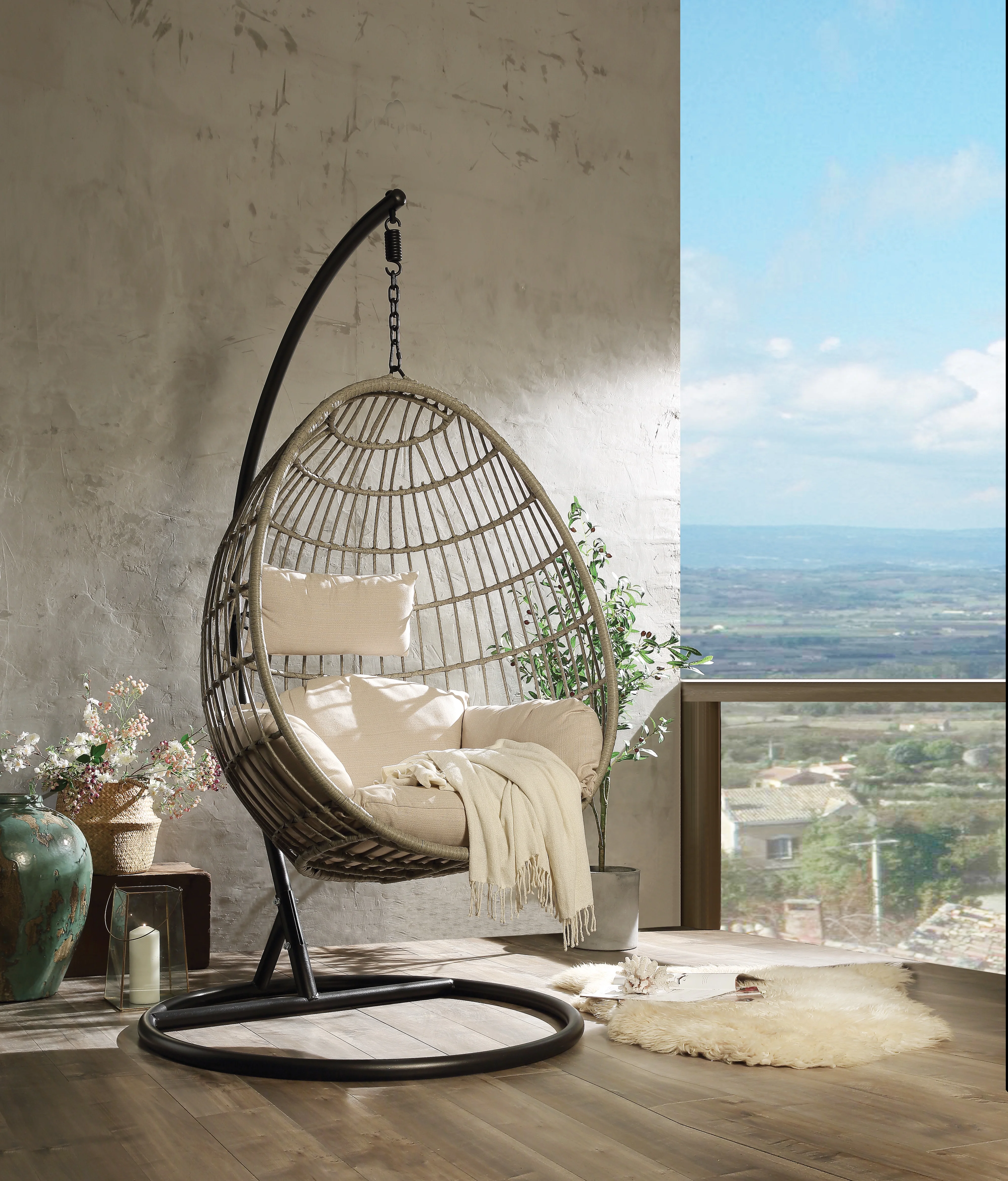 Acme Vasant Patio Swing Chair with Stand - Fabric & Wicker 45082