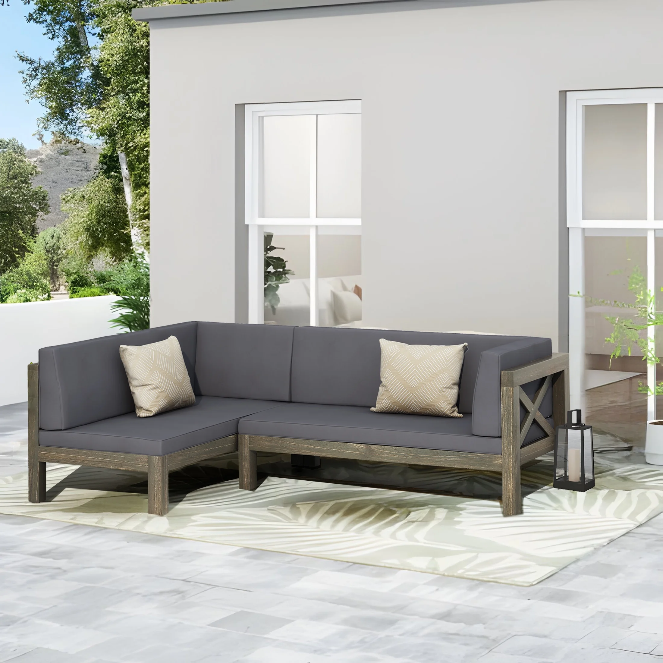 2-Piece Wood Right Dining Corner Bench with Gray Cushions