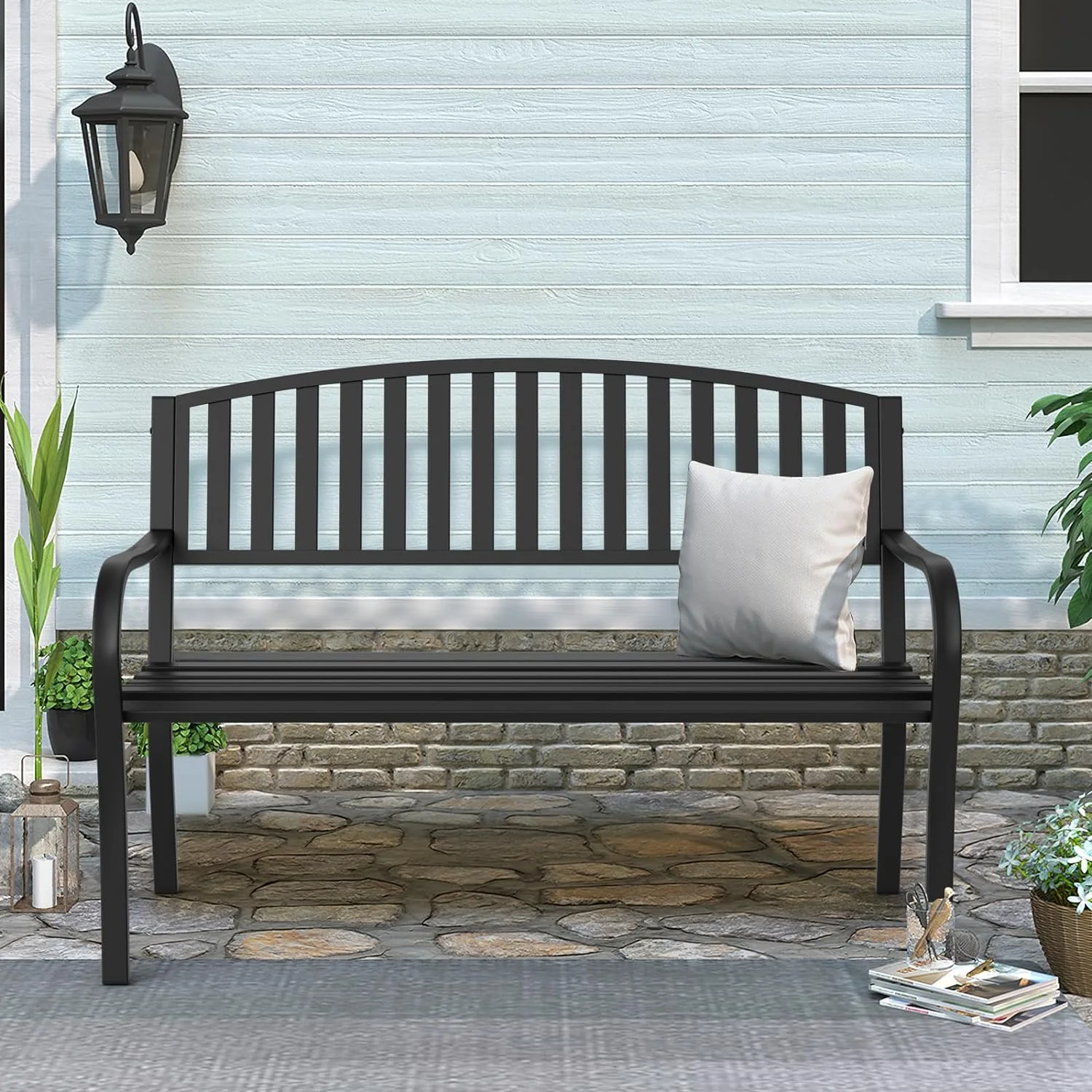 Outdoor Bench Garden Bench, Weatherproof Anti-Rust Heavy-Duty Outside Bench Clearance, Wrought Iron Metal Bench for Front Porch, Elegant, Park