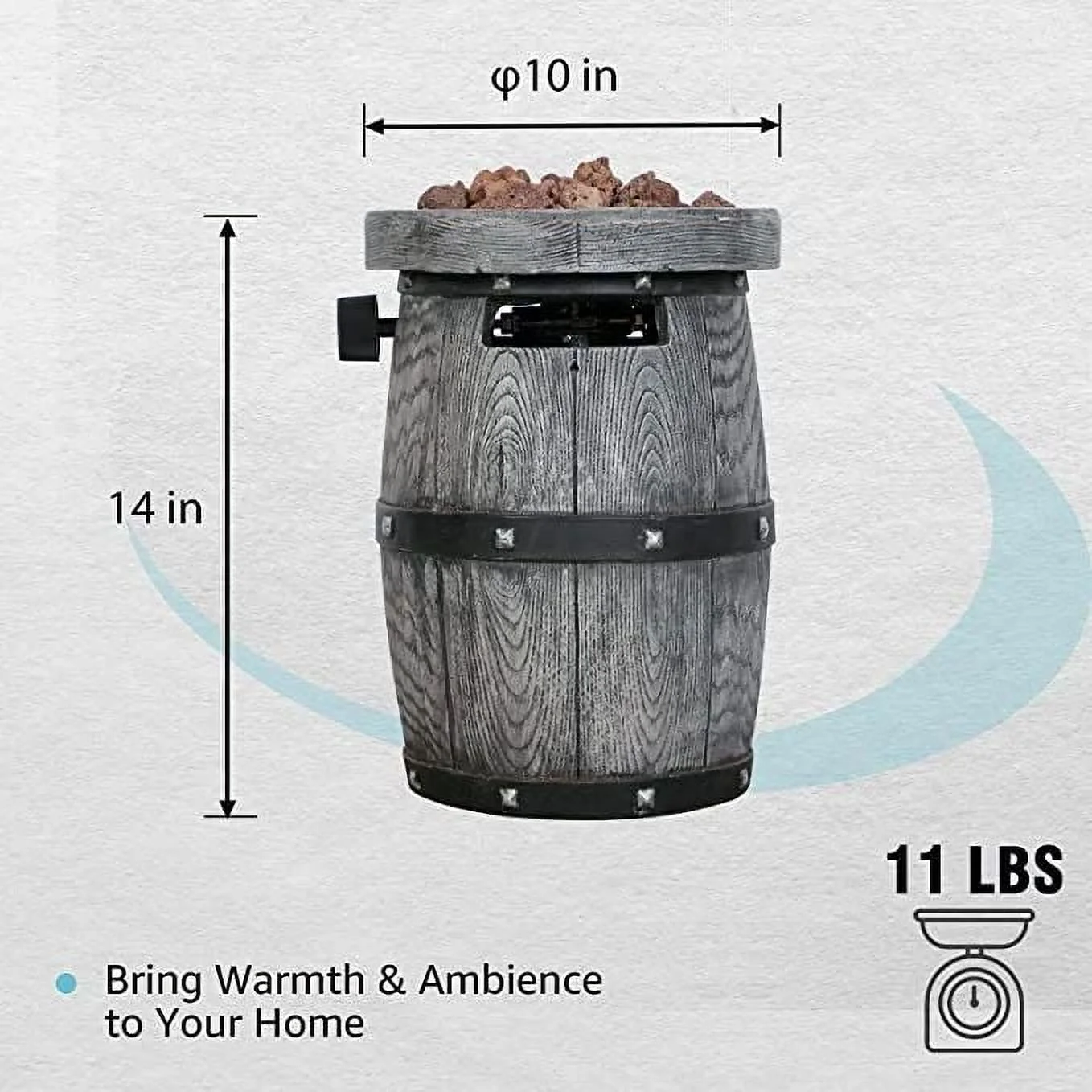 Fire Pit with Faux Wood Textures, Outdoor 10 inch Round wood Tabletop Gas Firebowl, 10,000 BTU