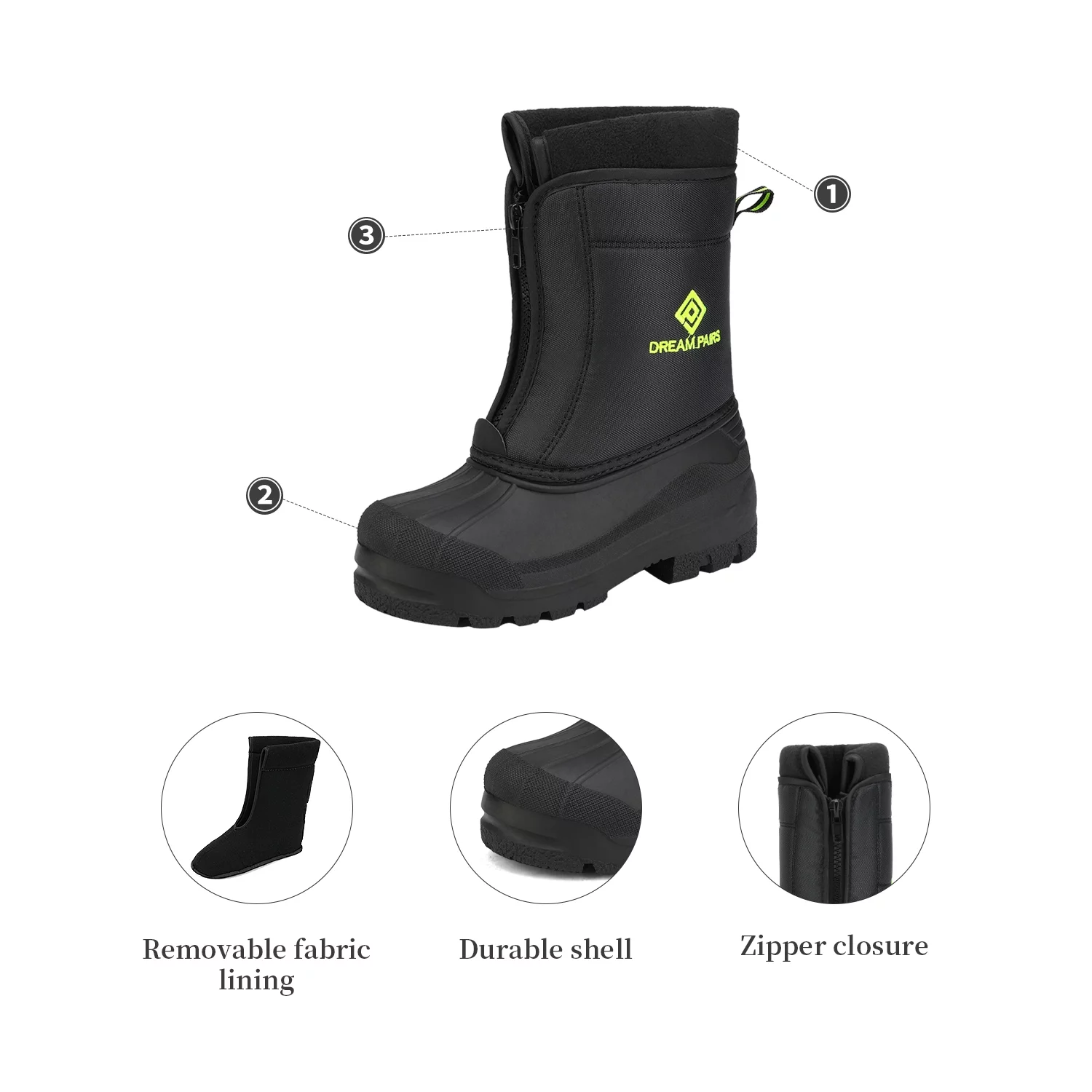 Dream Pairs Boys Girls Kids Warm Waterproof Snow Boots Winter Outdoor Snow Boots KSTAR BLACK/NEON/GREEN Size 10