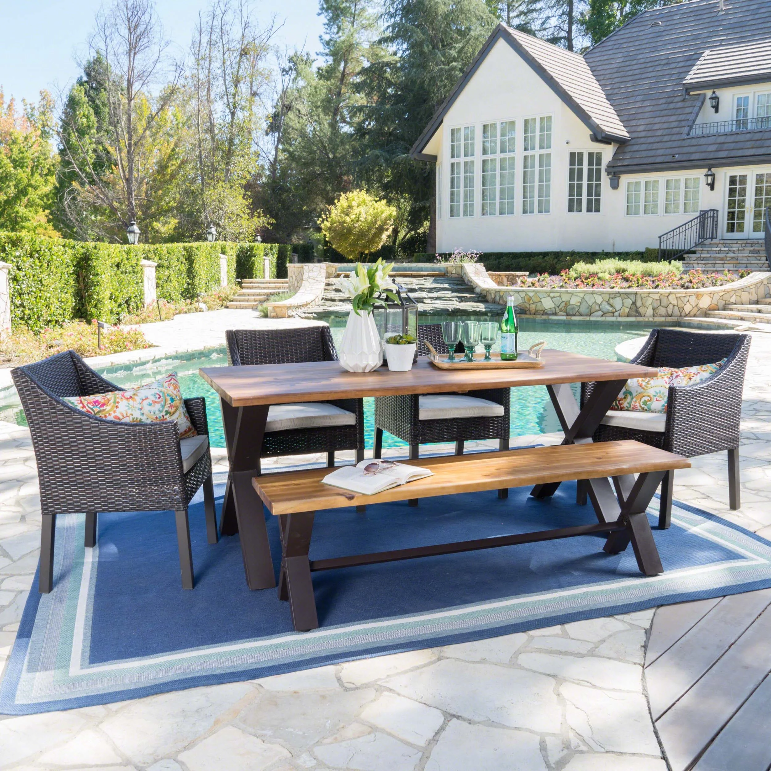 GDF Studio Marigny Outdoor Wicker and Acacia Wood 6 Piece Dining Set with Bench, Teak, Multibrown, and Beige