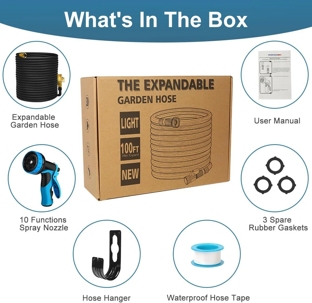 Abeden Expandable Garden Hose 50ft with 10 Functions Spray Nozzle,50 Layers Nano Rubber and Solid Brass Connector for Watering and Washing- Blue