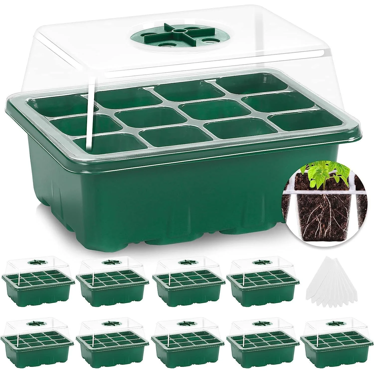 10 Packs Seed Starter Tray Seed Starter Kit with Humidity Dome (120 Cells Total Tray) Seed Starting Trays Plant Starter Kit and Base Mini Greenhouse Germination Kit, Green