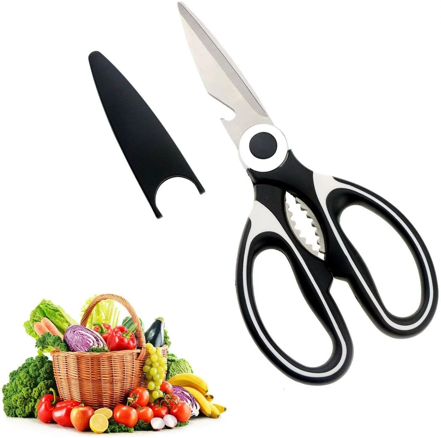 Kitchen Shears Multi-Purpose Utility Kitchen Scissors with Blade Cover - Stainless Steel Heavy Duty, Super Sharp, Black