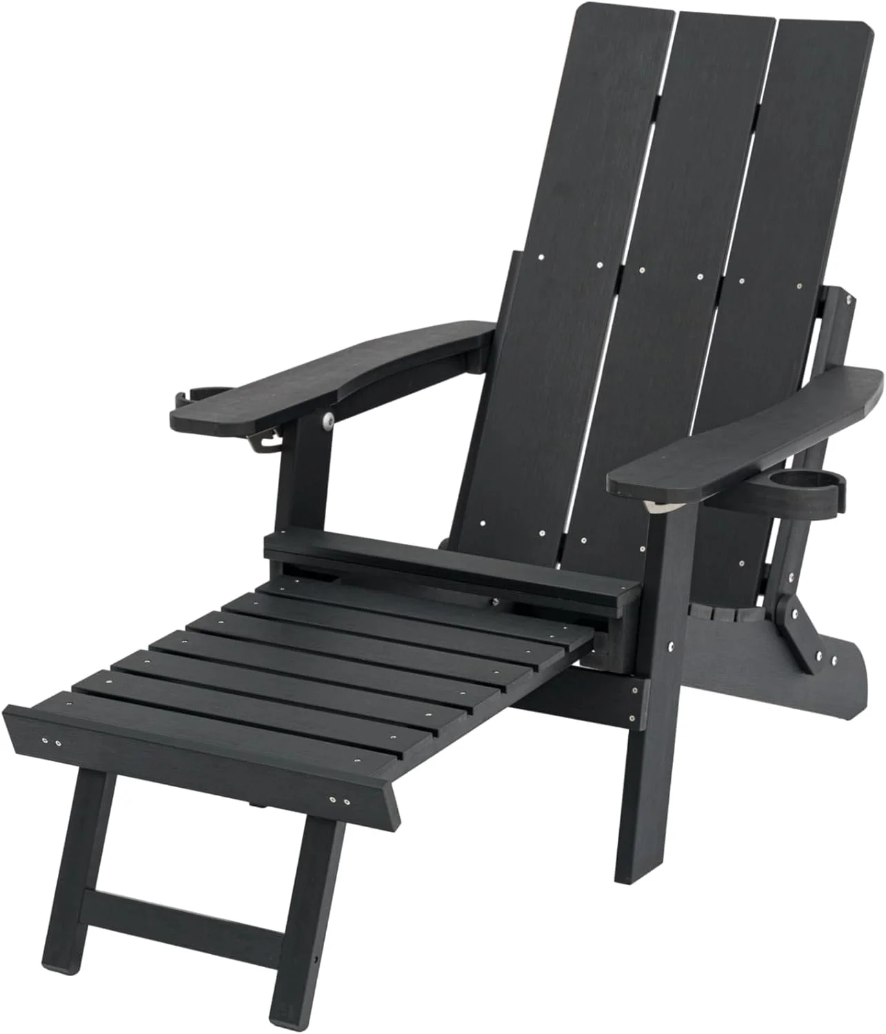 Poly Lumber Folding Adirondack Chair with Cup Holders, Ottoman and Cushion, Adjustable Backrest, HIPS Material, All-Weather Resistant, Heavy Duty 700 LBS, for Porch, Patio, Backyard (Black)