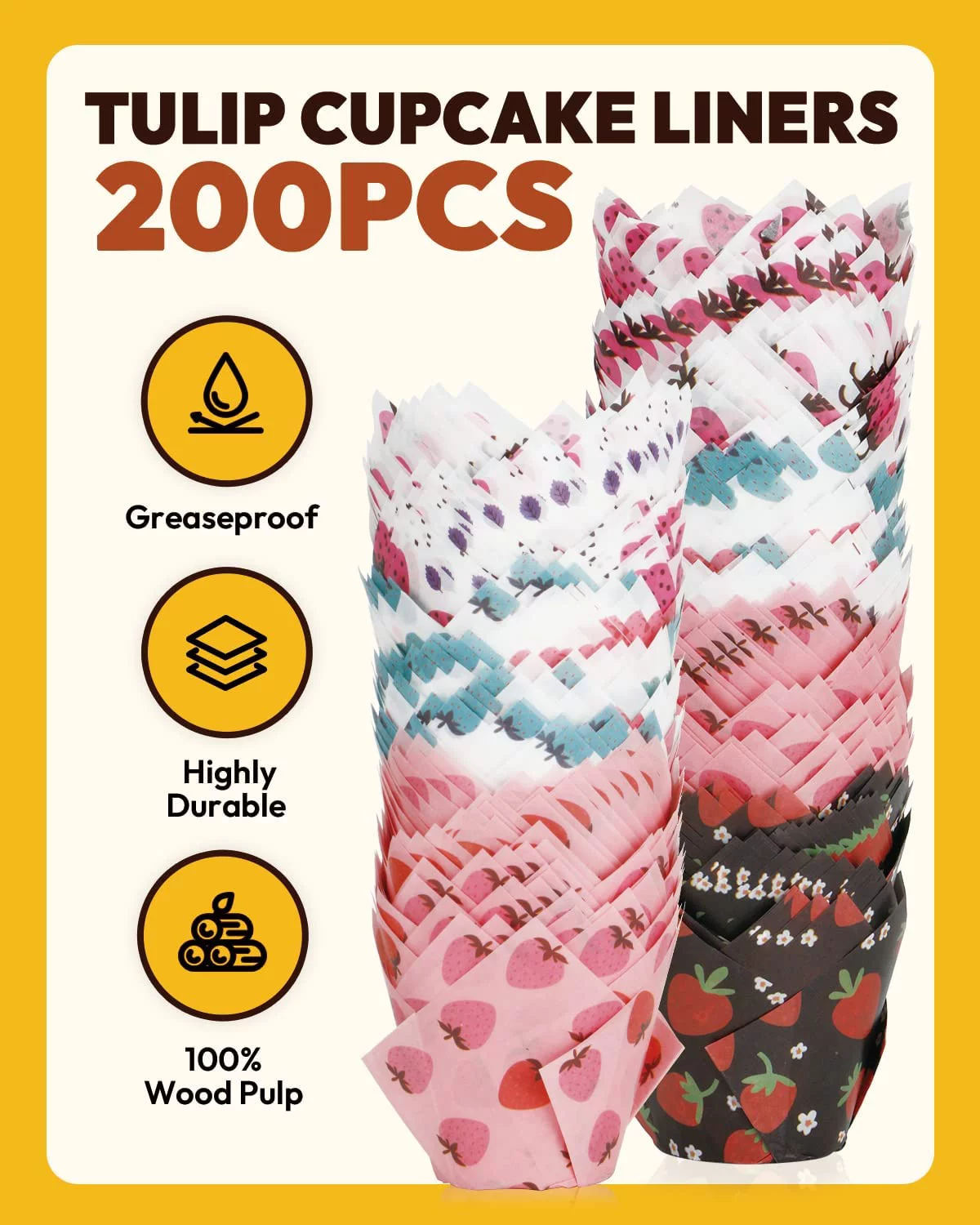 Katbite Tulip Cupcake Liners 200PCS, Muffin Baking Cupcake Liners Holders with Strawberry Design, Baking Cups
