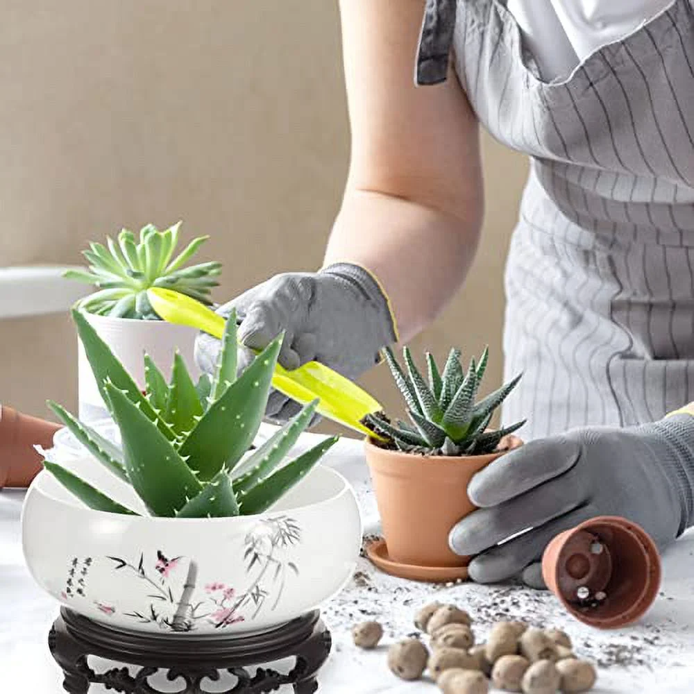 Angoily Ceramics Hydroponic Planter Pot Round Succulent Planter Water Lily Bowl with Stand Narcissus Planting Bowl Cactus Planter Bowl for Home Office Garden