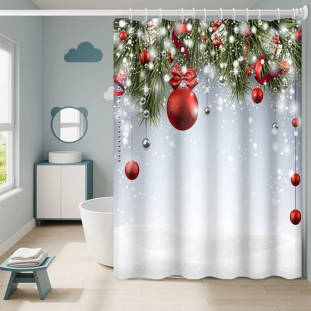 SPXUBZ Red Christmas Shower Curtain with Hooks Xmas Balls Winter Waterproof Polyester 72x72 inch