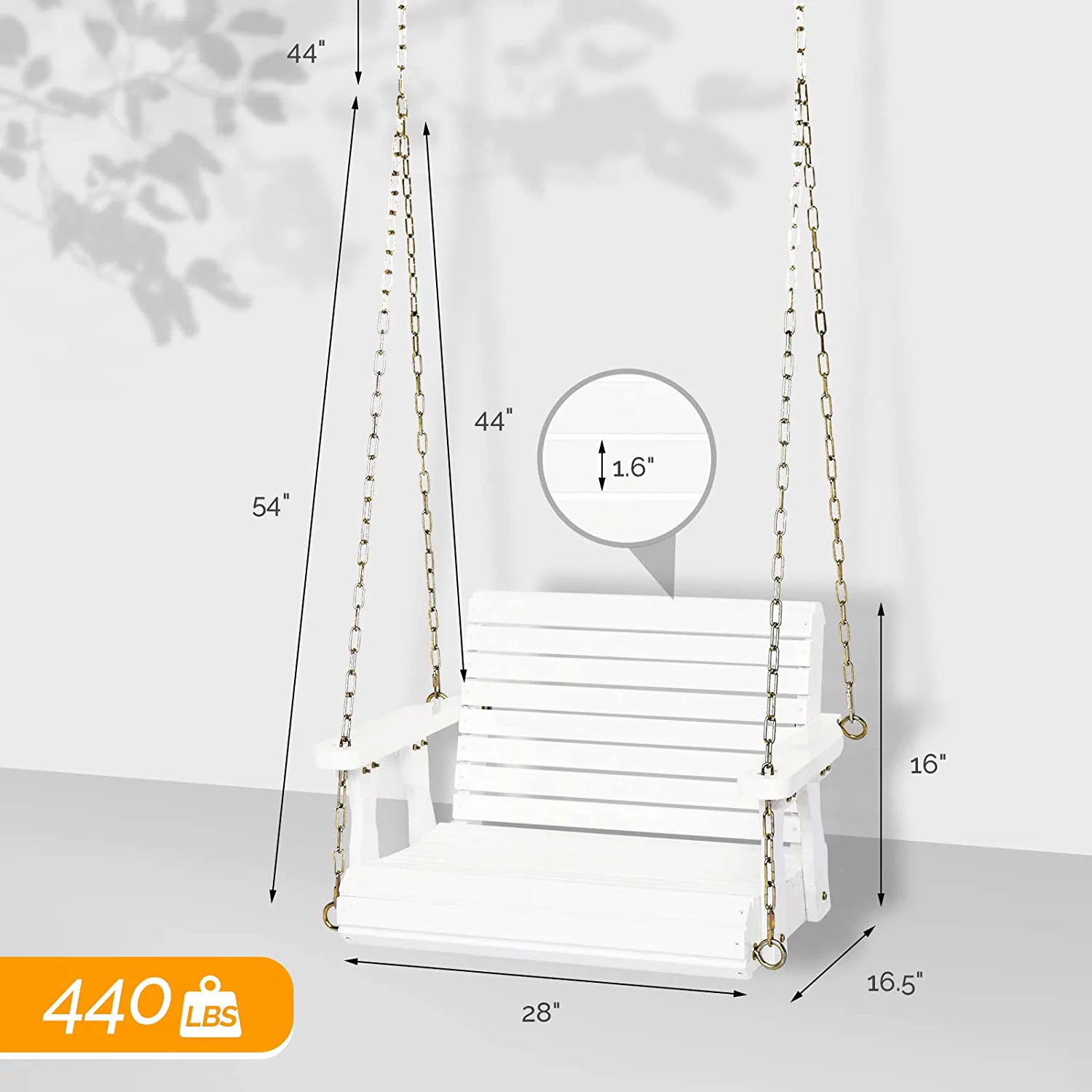 Heavy Duty 440 LBS 1-Person Wooden Patio Porch Swing, Outdoor Single Swing Chair Bench with Adjustable Chains for Porch, Yard, Balcony, Tree (White)