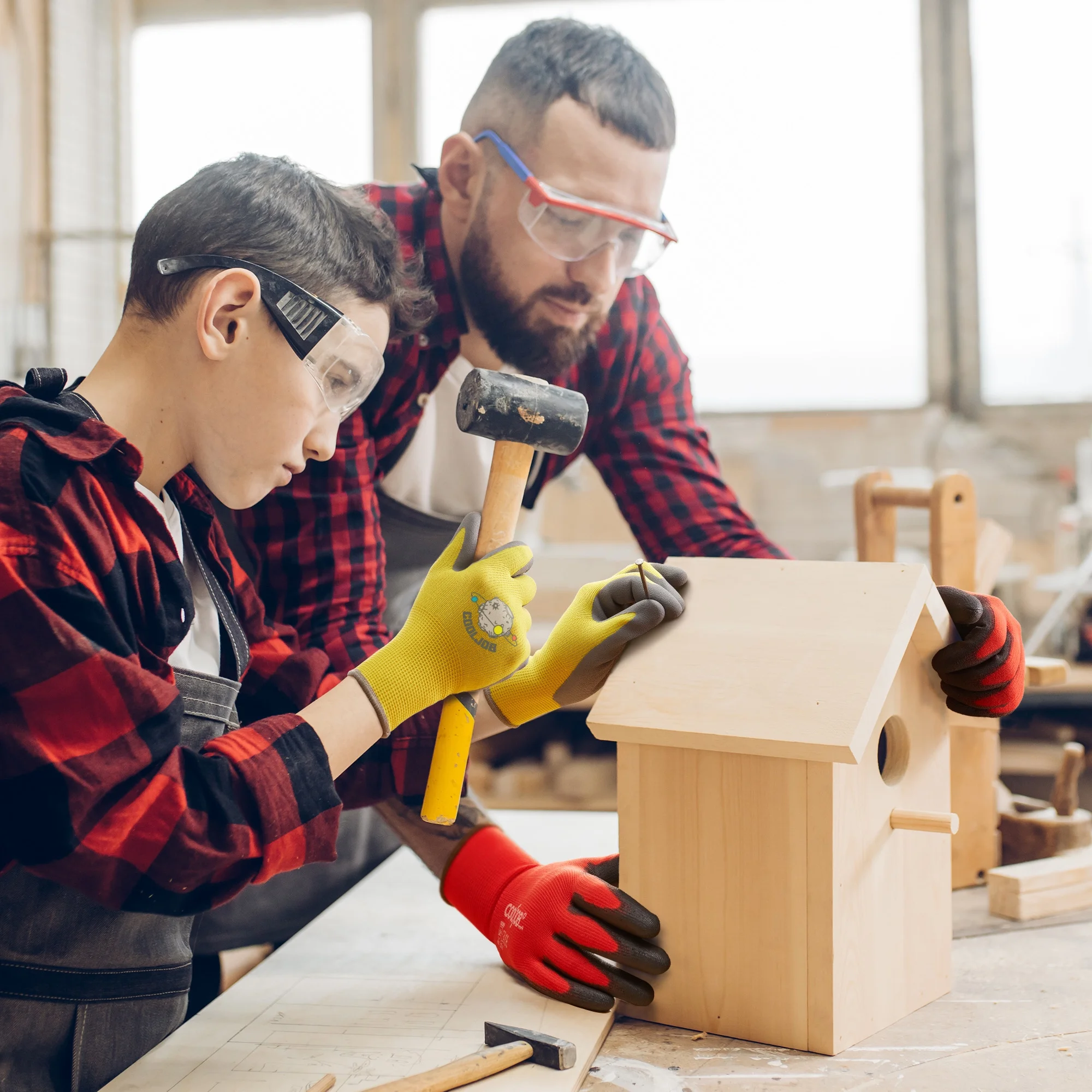 COOLJOB 3 Pairs Kids Gardening Gloves for Age 6-8, Children Grippy Rubber Coated Garden Work Gloves, Orange & Green & Yellow, Medium Size M