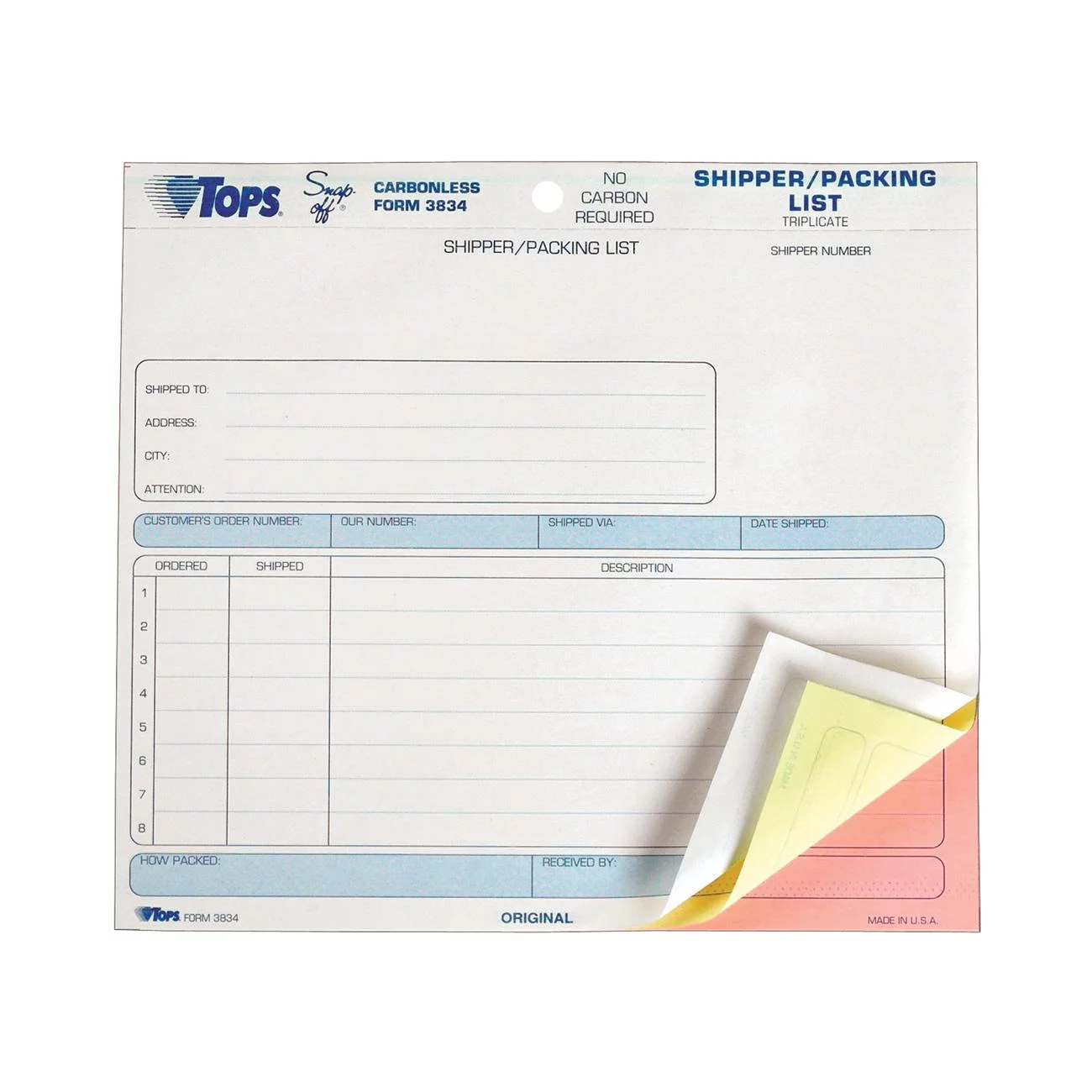 TOPS, TOP3834, 3-Part Carbonless Shipper/Packing Forms, 50 / Pack, White,Canary,Pink