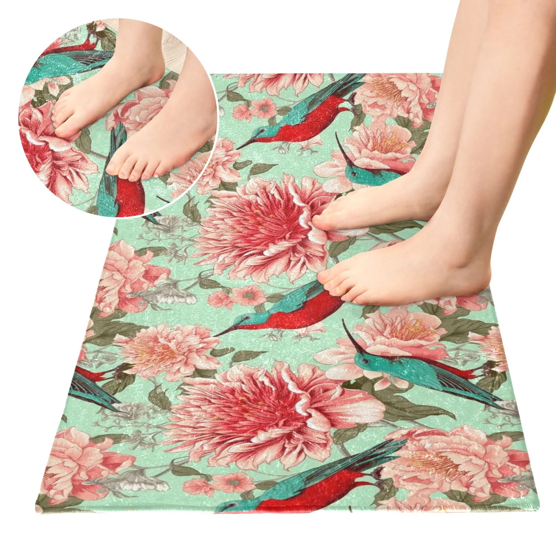 Birds and Peony Flowers Luxury Kitchen Rug Non Slip Bathroom Plush Mat Shaggy Bedroom Carpet 39