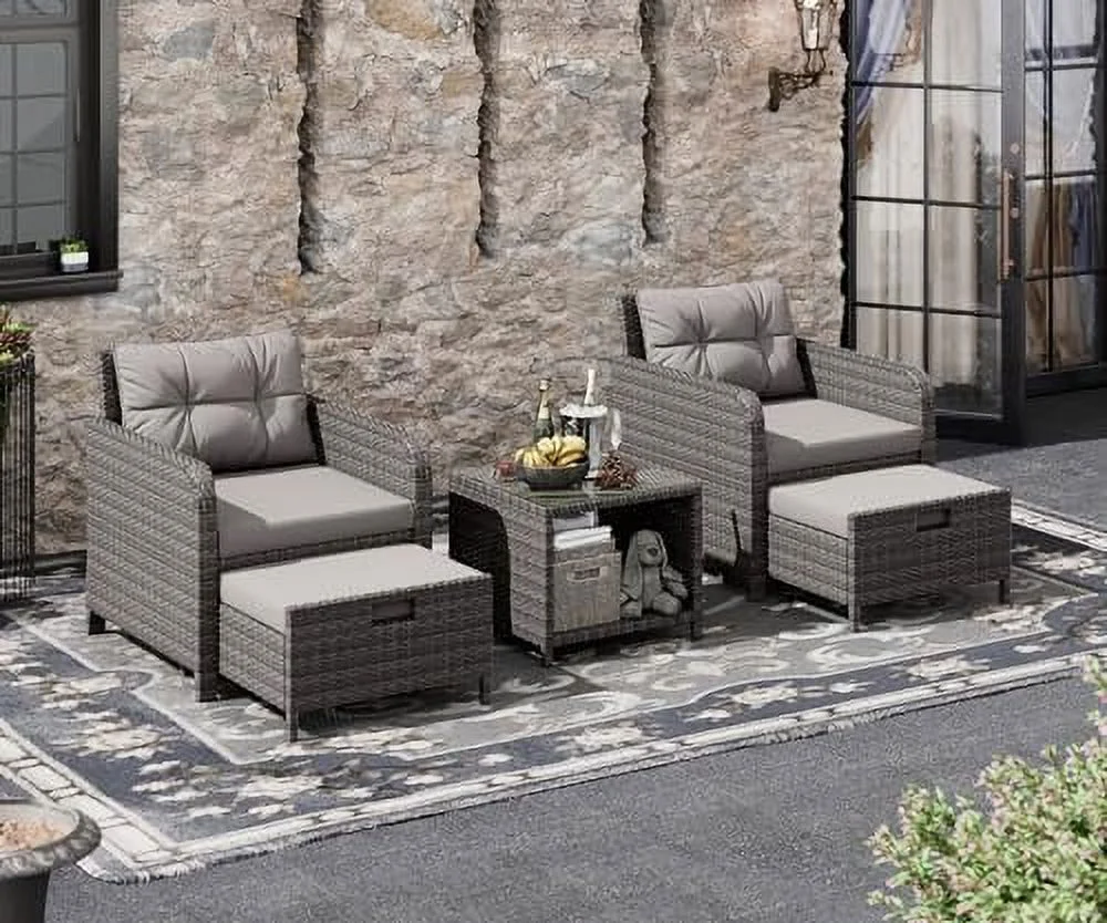 QYFZBIM Outdoor Patio Wicker 5-Piece  Set  No Assembly Required All-Weather Rattan Conversation Bistro &  Table for Garden  Porch  Balcony and Deck (Beige)