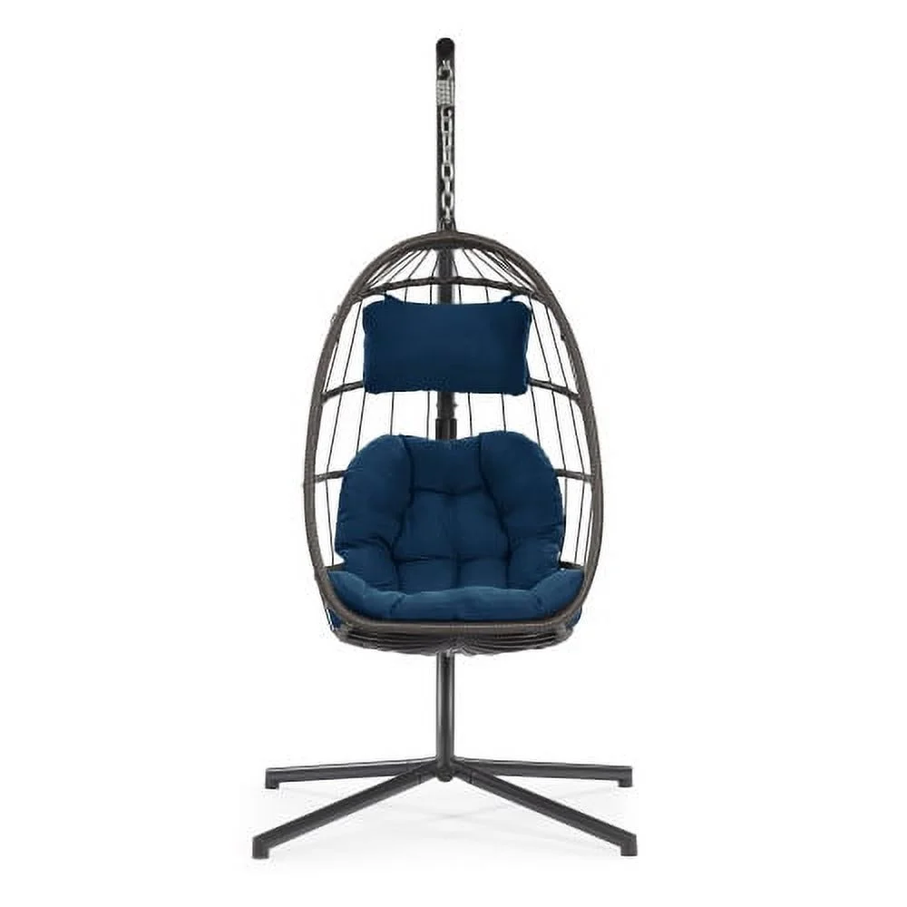 Buumin Outdoor patio Wicker Hanging Chair Swing Chair Patio Egg Chair UV Resistant Dark Blue cushion Aluminum frame