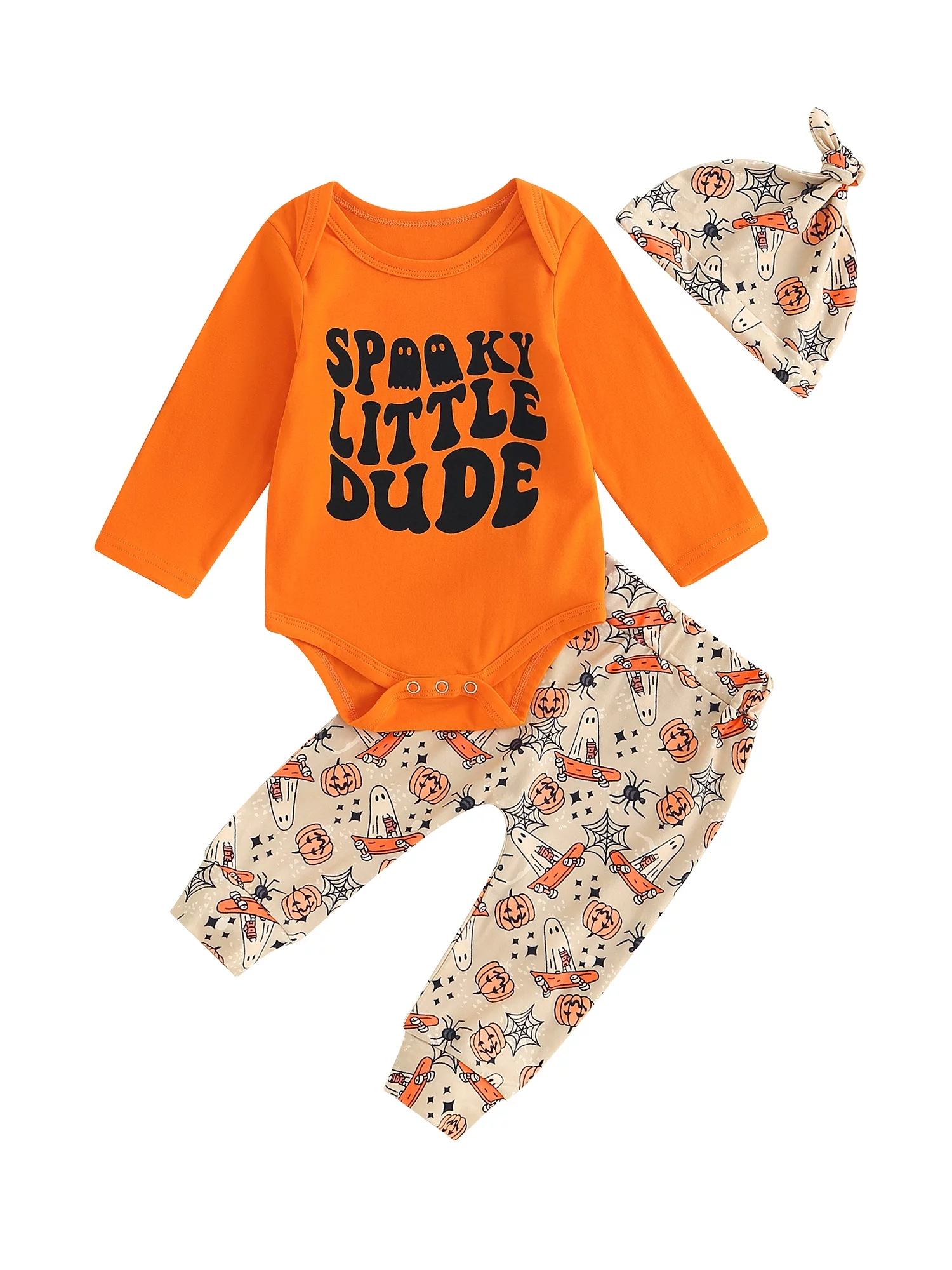 3Pcs Halloween Clothes Infant Baby Boys Casual Pants Set Long Sleeve Letters Print Romper with Pumpkin Print Sweatpants and Hat