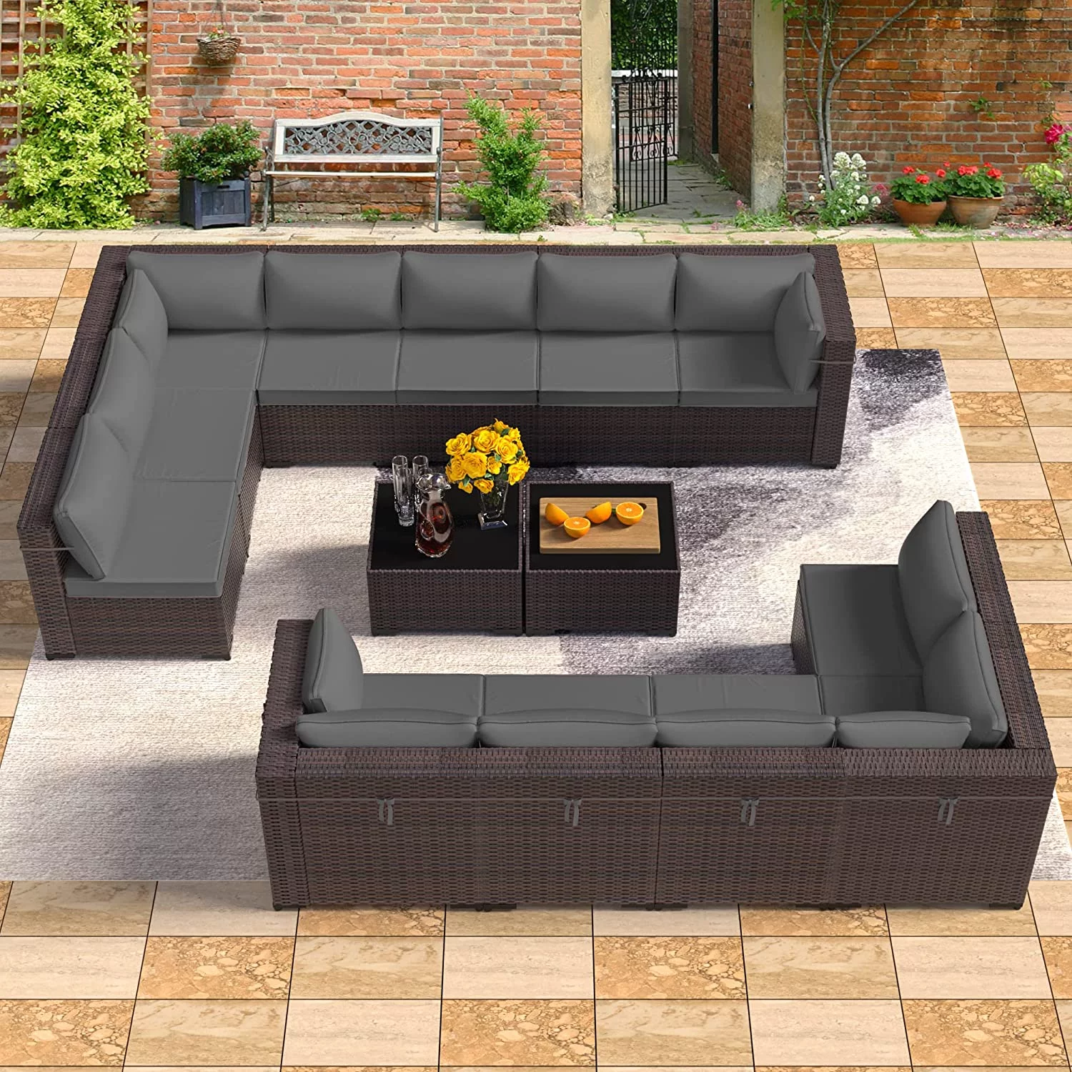 Outdoor Patio Furniture Set  12 Pieces Outdoor Furniture All Weather Patio Sectional Sofa PE Wicker Modular Conversation Sets with Coffee Table 10 Chairs & Seat Clips(Dark Blue)