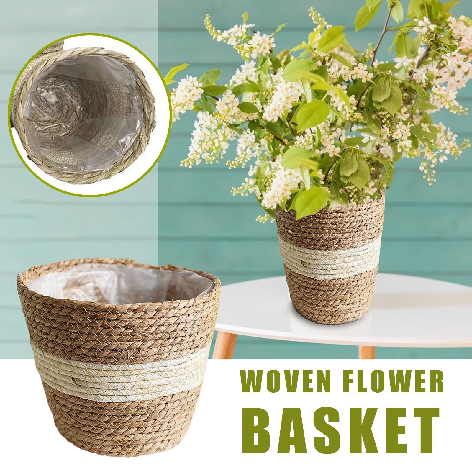 BNNG Seagrass Planters, Storage Basket Containers Hand Woven Straw Pot with Plastic Liners for Indoor Outdoor Plant, Flower Planter Pot Basket Flower Storage Flower Woven Patio & Garden