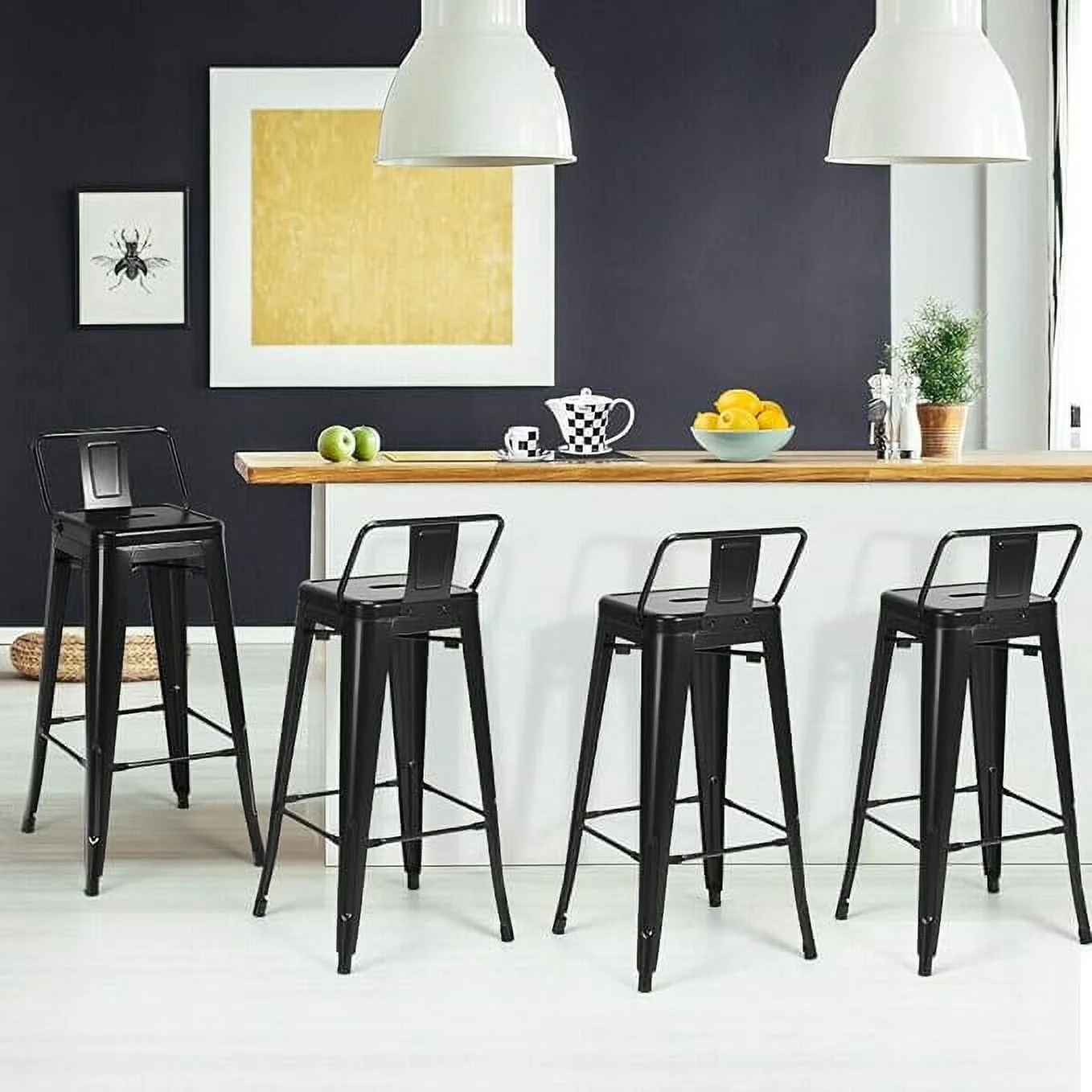 Metal Dining Chairs Set of 4 - Black - Detachable Backrest - Indoor Outdoor Cafe Stools 17