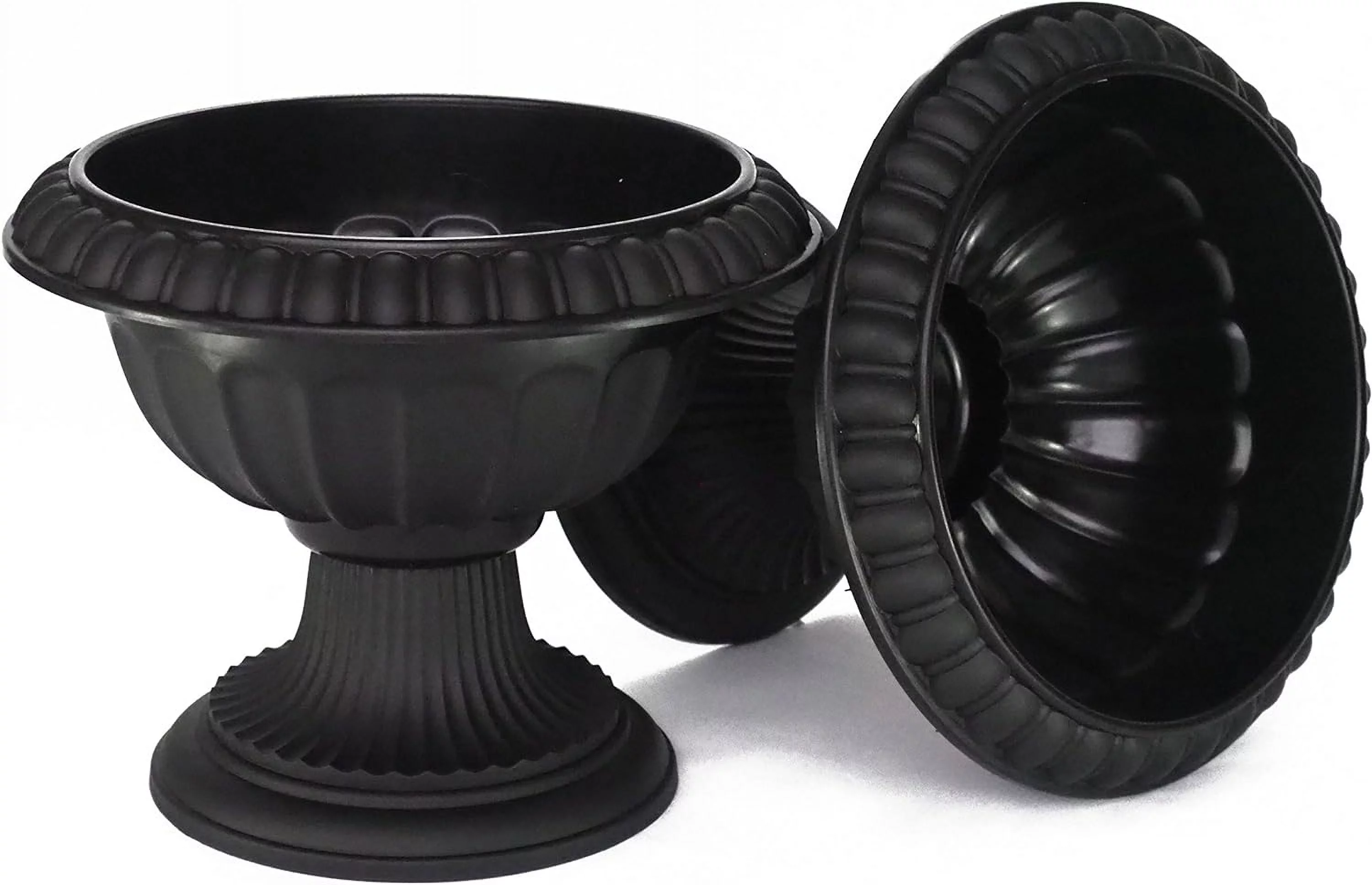 Round Heavy Duty Plastic Clay Look (2 Count) Flower Seedlings Nursery Pot/Planter/Urn With Wide Base For Garden Patio Office Ornaments Home Decor Long Lasting Reusable Light Weight (Black-L)