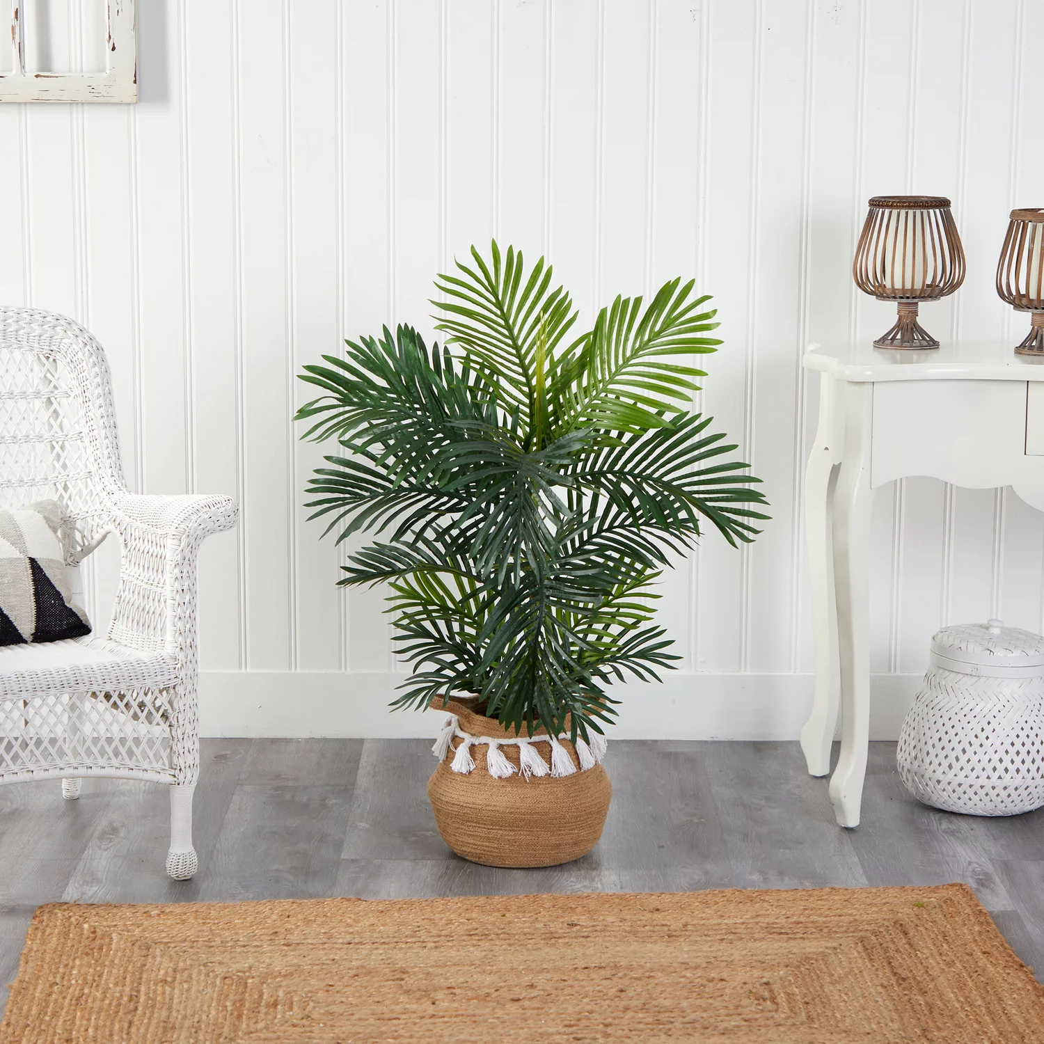 Nearly Natural Areca Artificial Palm Tree in Boho Chic Handmade Natural Cotton Woven Planter