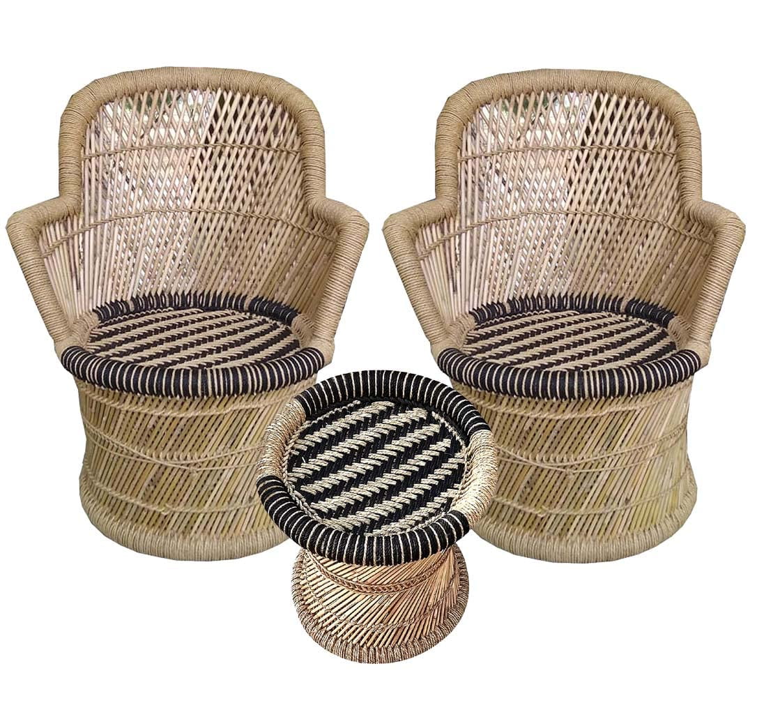 Harish Handmakers ! Natural And Handmade Bamboo Weaving Chair With Mudda Black And Beige Wave Design Set Of 2 +1