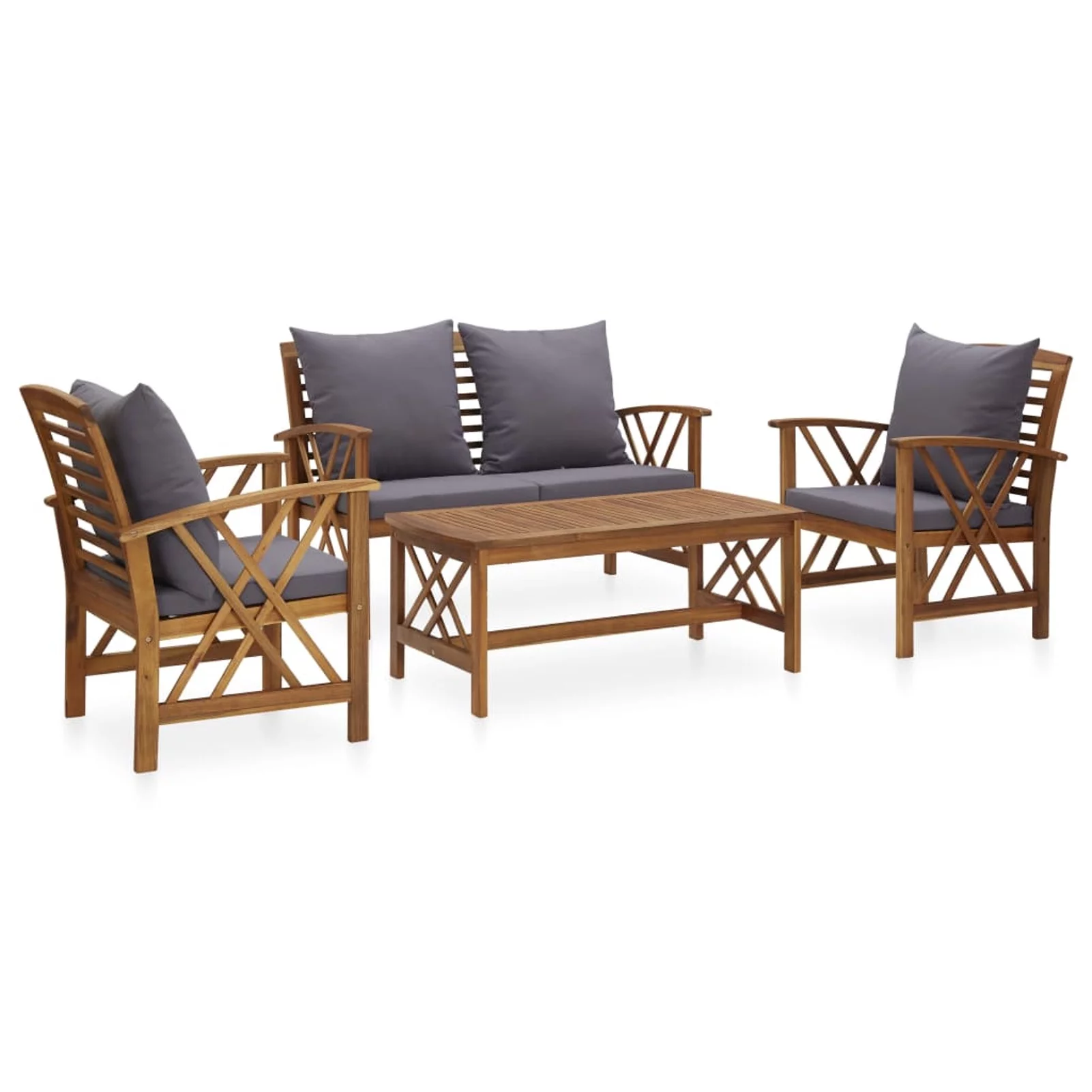 Dcenta 4 Piece Patio  Set with Dark Gray Cushions Acacia Wood 2 Garden Chairs with Bench and Coffee Table  Conversation Set for Garden, Lawn, Courtyard