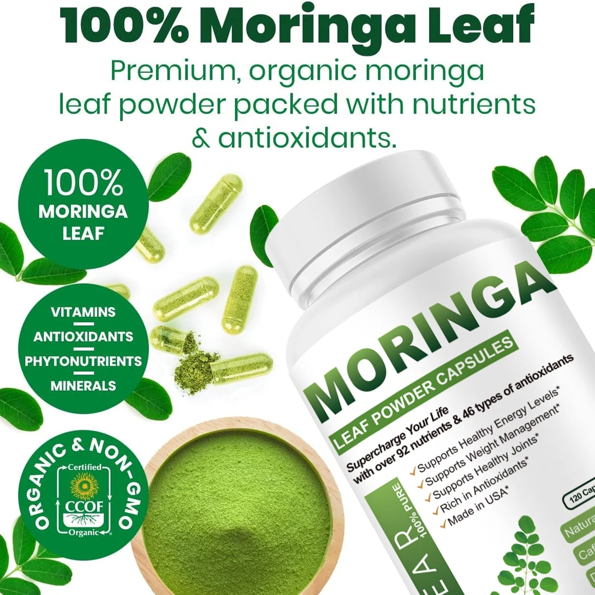 Moringa Oleifera 500 mg Powder Capsules Extra High Potency Energizing Superfood Antioxidant, 120 Vegetarian Capsules