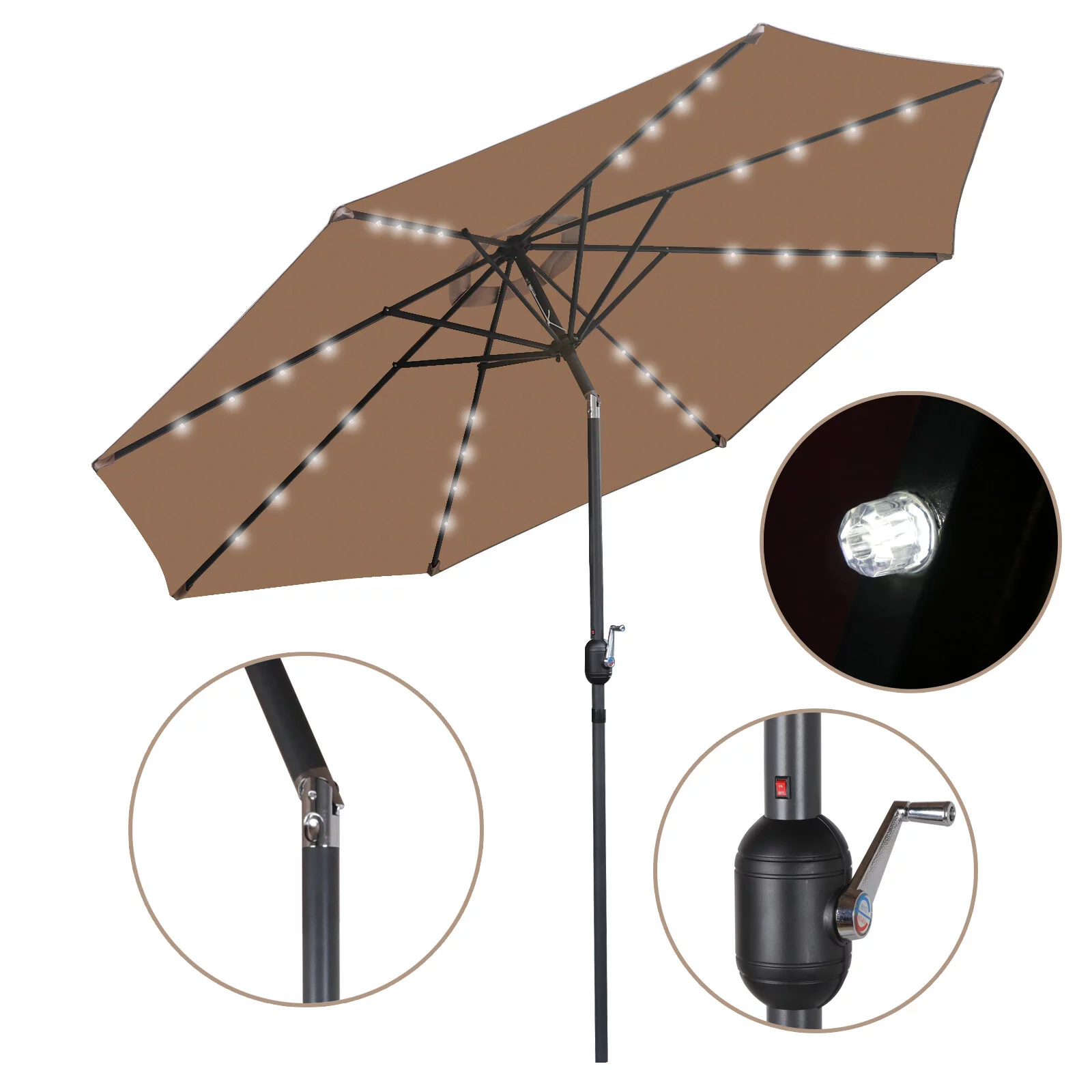 SuperDeal Patio Solar Umbrella 32 LED Tiltable Crank Height Adjustable 10 ft, Brown