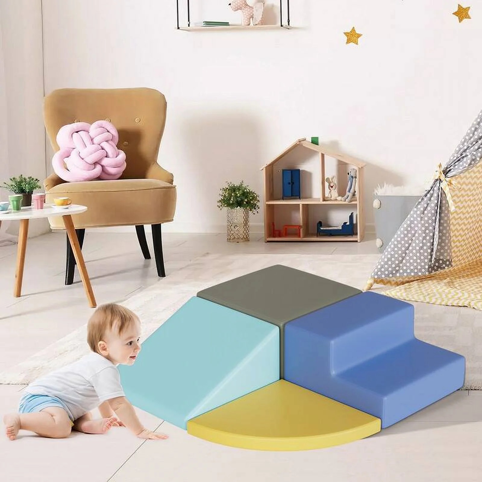 4 Pieces Baby Kids Climbing Toys Indoor Soft Foam Activity Play Set Brown&Blue