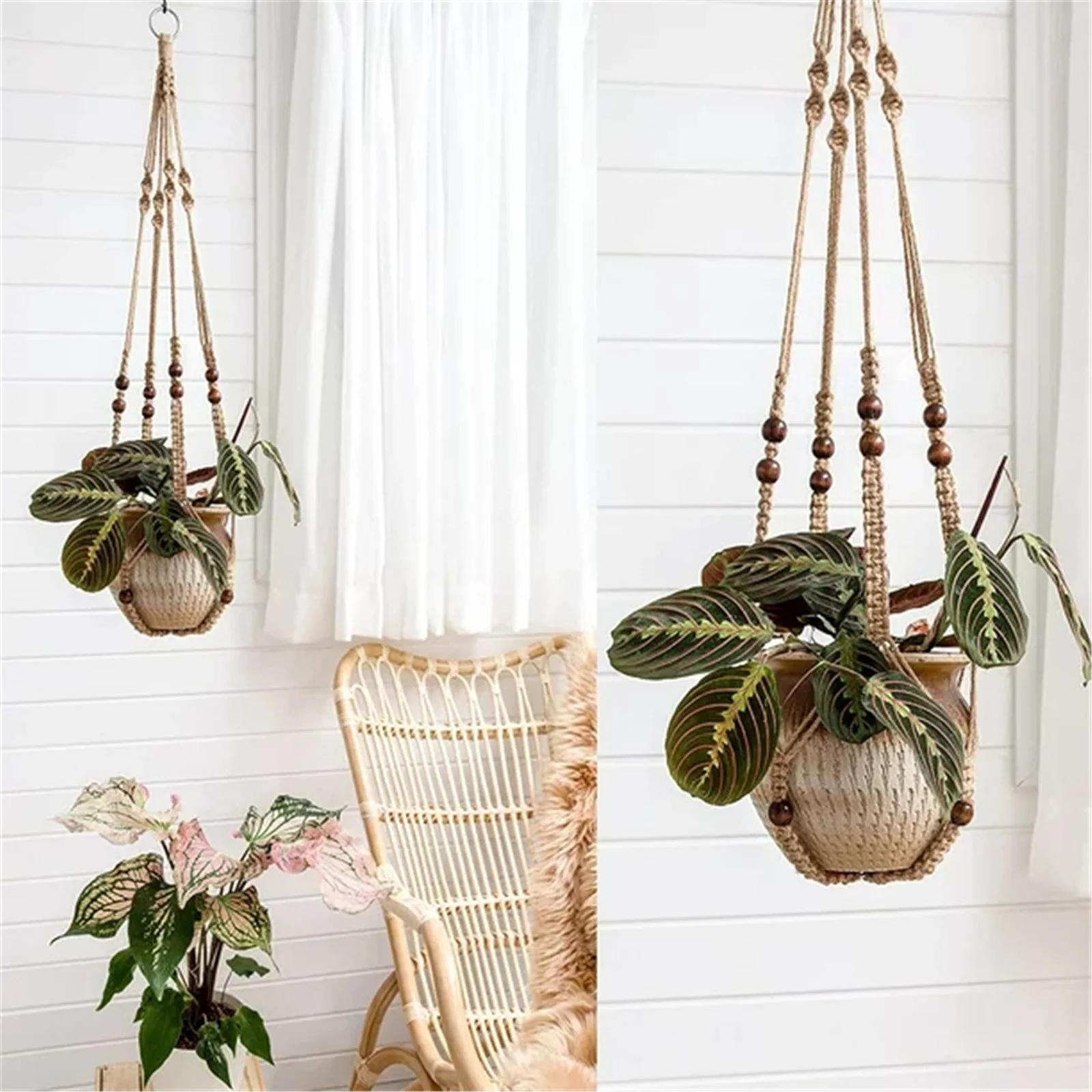 YDNGF Planter Basket With Wood Beads Decorative Flower Pot Holder No Tassels For Indoor Outdoor Boho Home Decor 35 Inch Brown