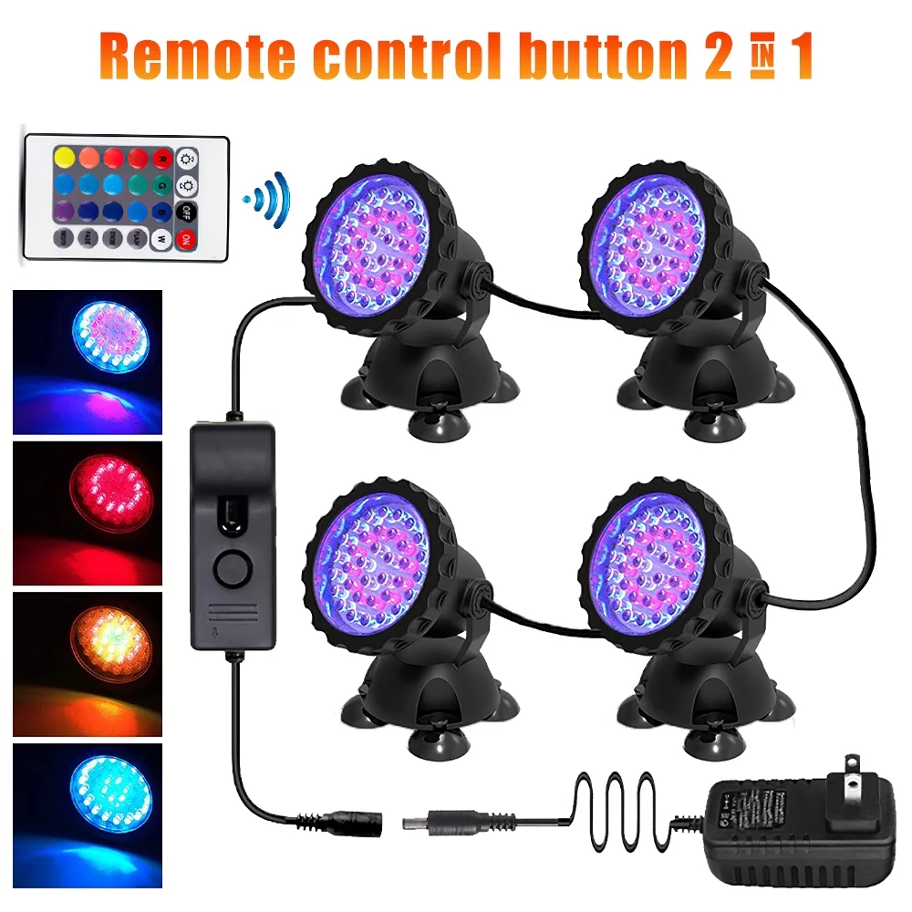 Submersible 36 LED RGB Pond Spot Lights Underwater Pool Fountain IP68+IR Remote