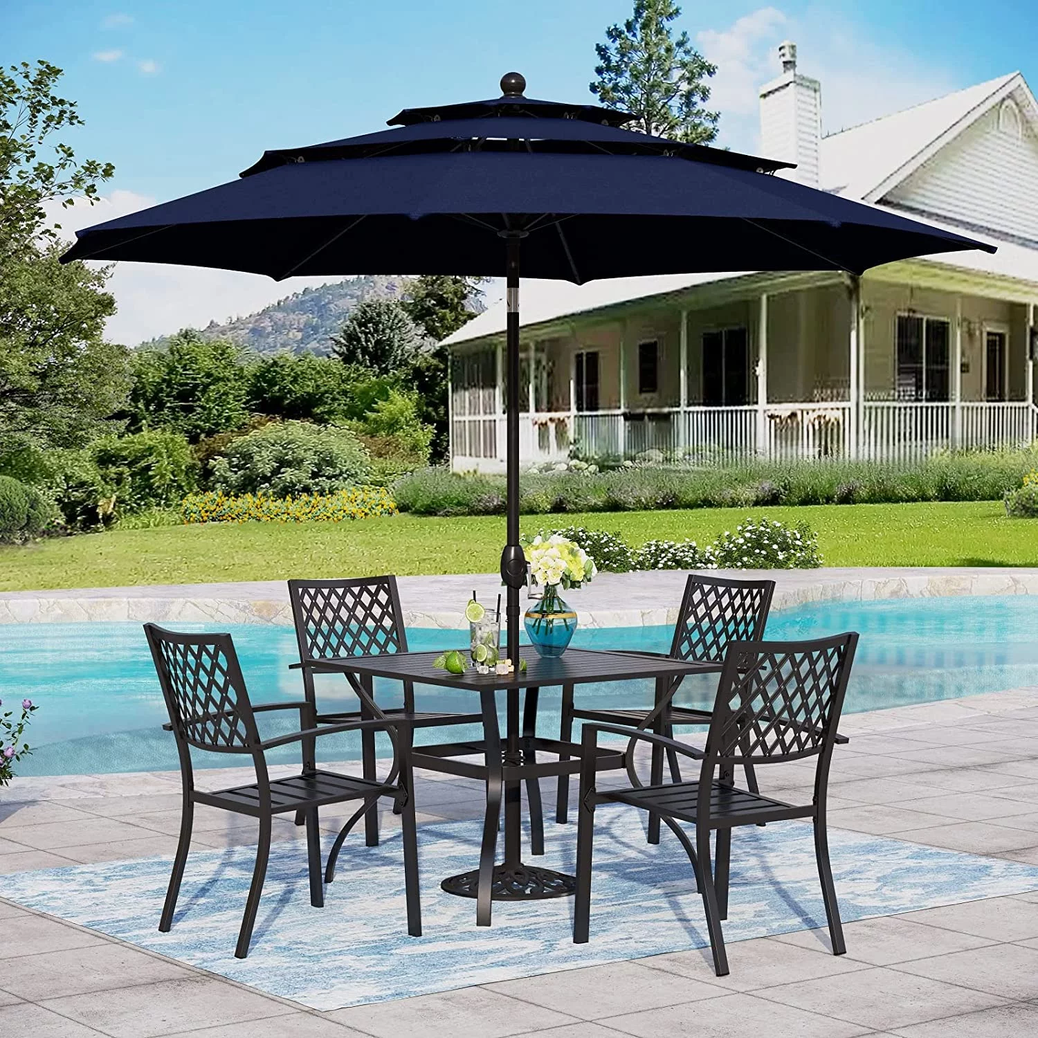 & William Patio Dining Set with 13ft Double-Sided Patio Umbrella  8 Piece Metal Outdoor Table Furniture Set with 6 Outdoor Stackable Chairs  1 Rectangle Dining Table and 1 Large Navy