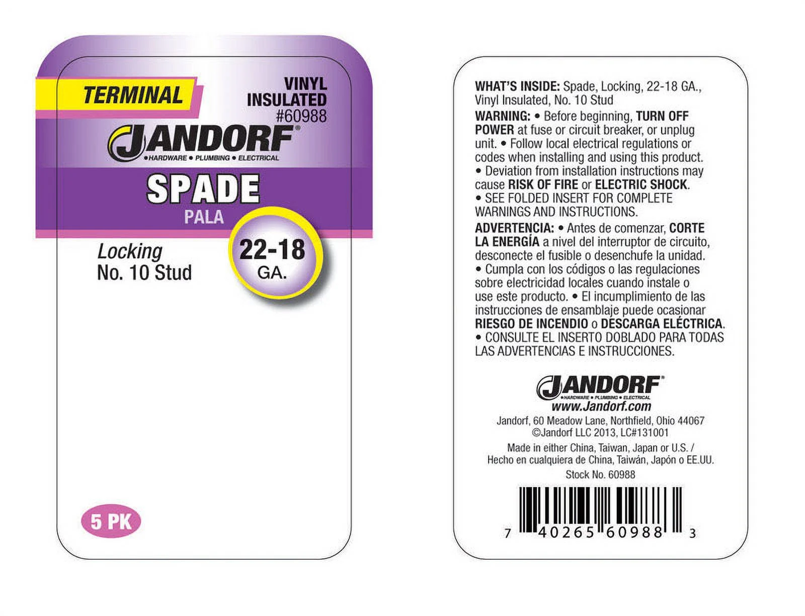 Jandorf 60988 Vinyl Insulated Locking Spade Terminal, Red, 22-18 AWG