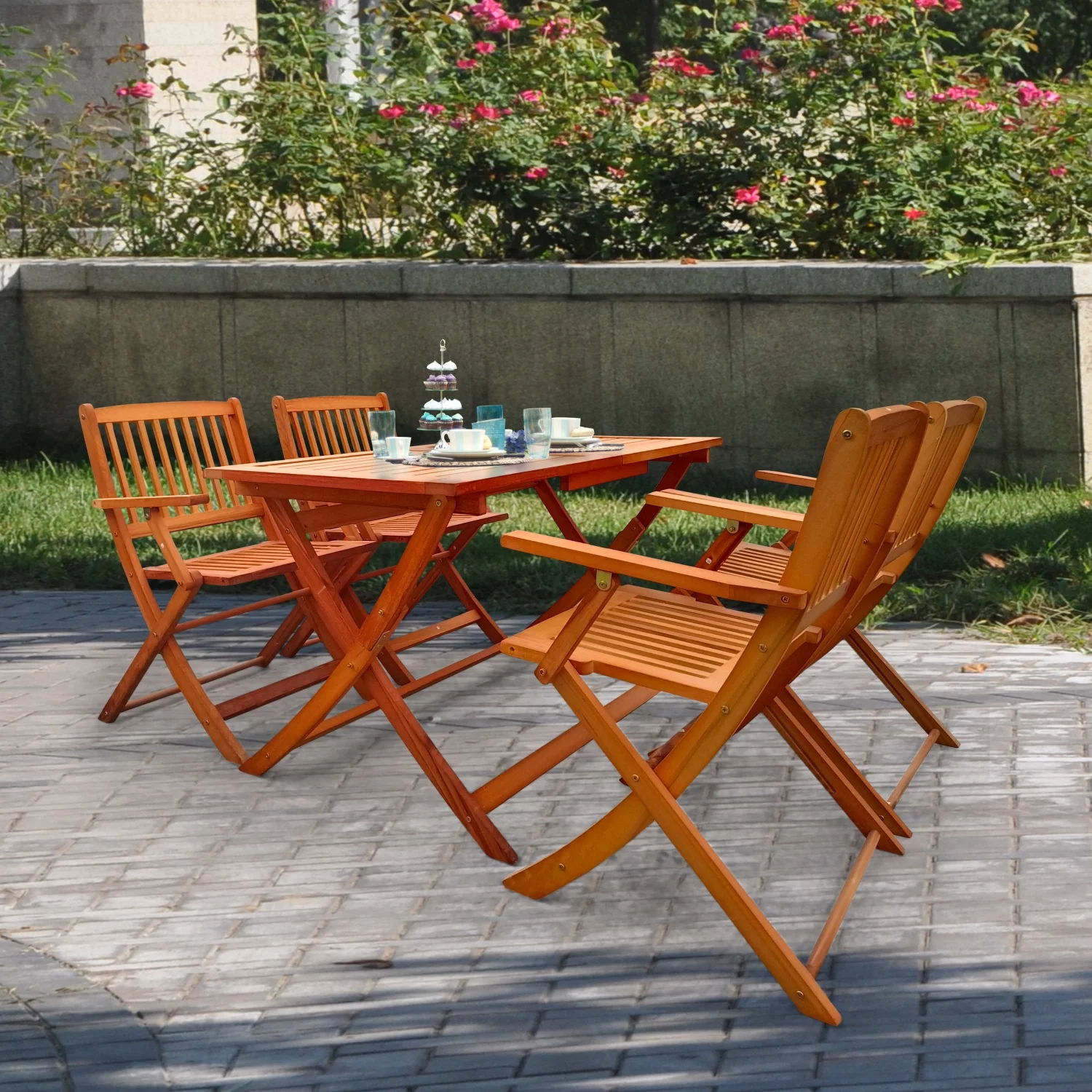 Teak Foldable Patio Dining Set with 4 Convenient Folding Chairs and 1 Spacious Dining Table  Versatile for Indoor and Outdoor Use