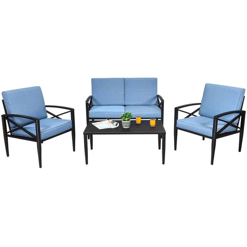 Blue 4PCS Patio Furniture Set Aluminum Frame Cushioned Sofa Chair Coffee Table